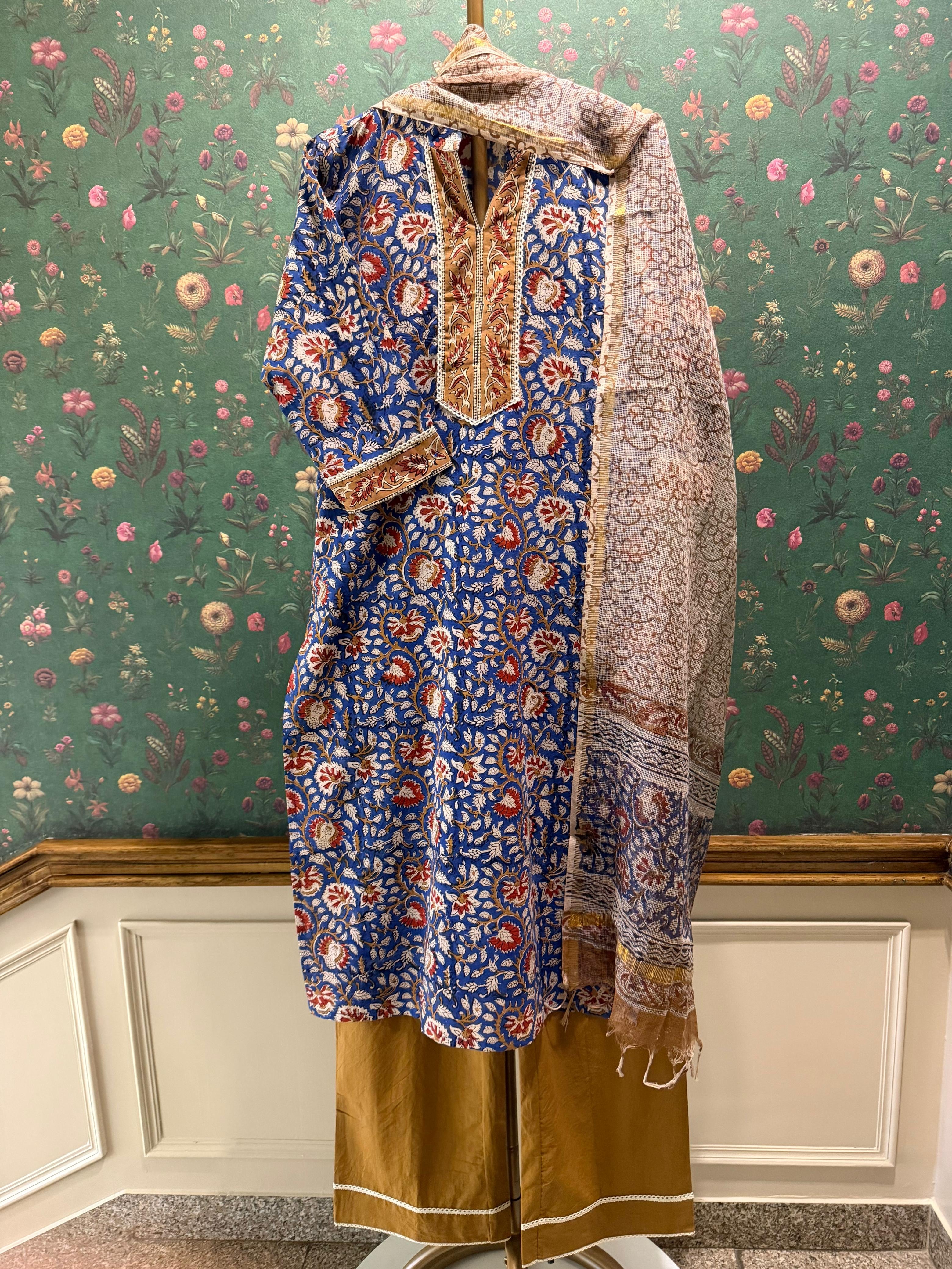 Royal Blue Floral Printed Cotton Suit Set, with Kota Doria Dupatta | HER-751