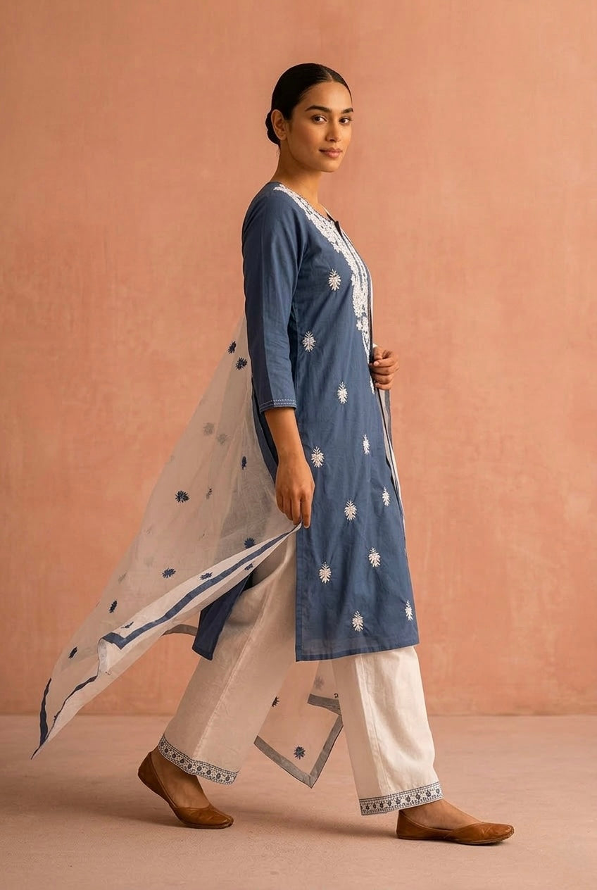 Slate Blue Chikankari Suit Set | HER-703