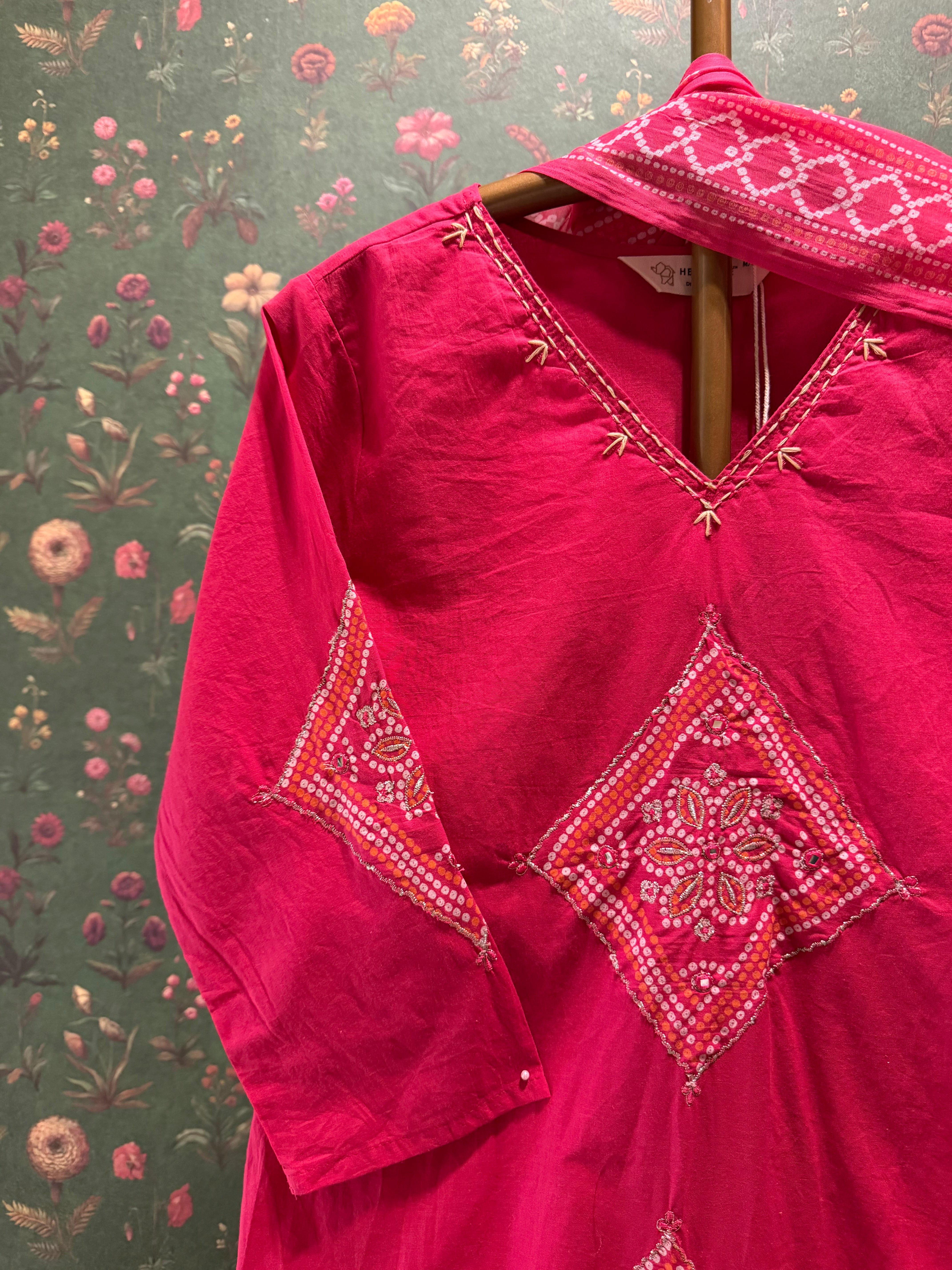 Fuchsia Pink Embroidered Cotton Suit Set | HER-718