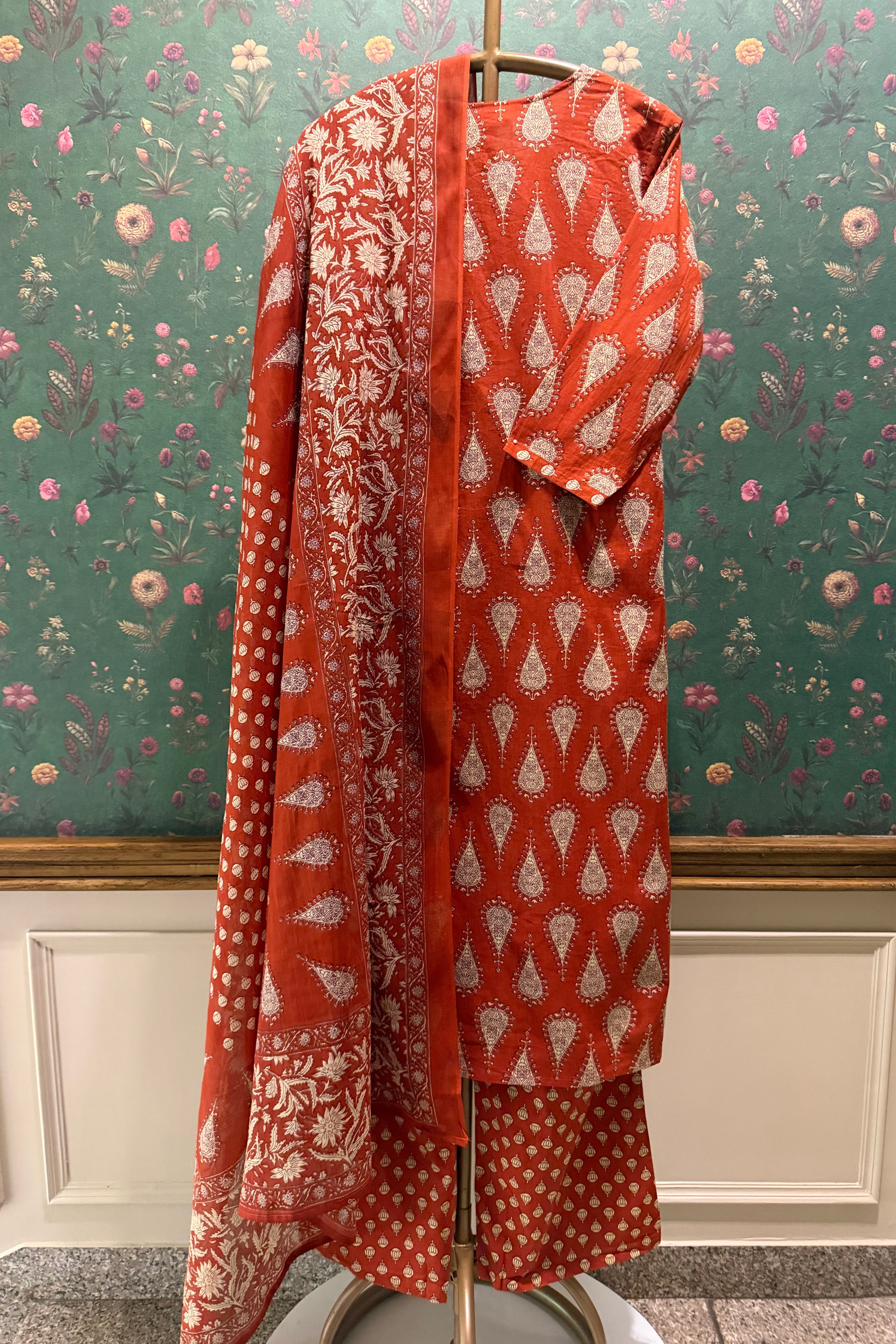 Rust Red Cotton Printed Suit Set | HER-691