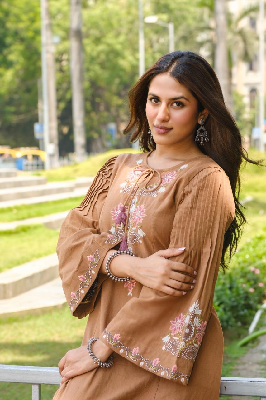 Caramel Brown Embroidered A-Line Kurta Set | HER-723
