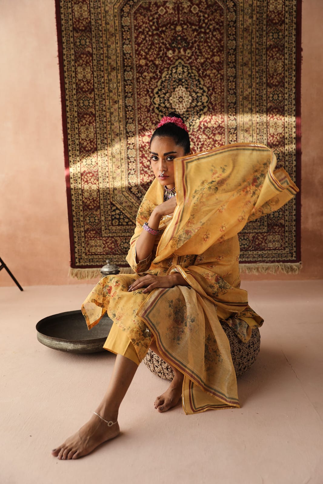 Heer Floral Yellow Chanderi Suit Set | HER-255