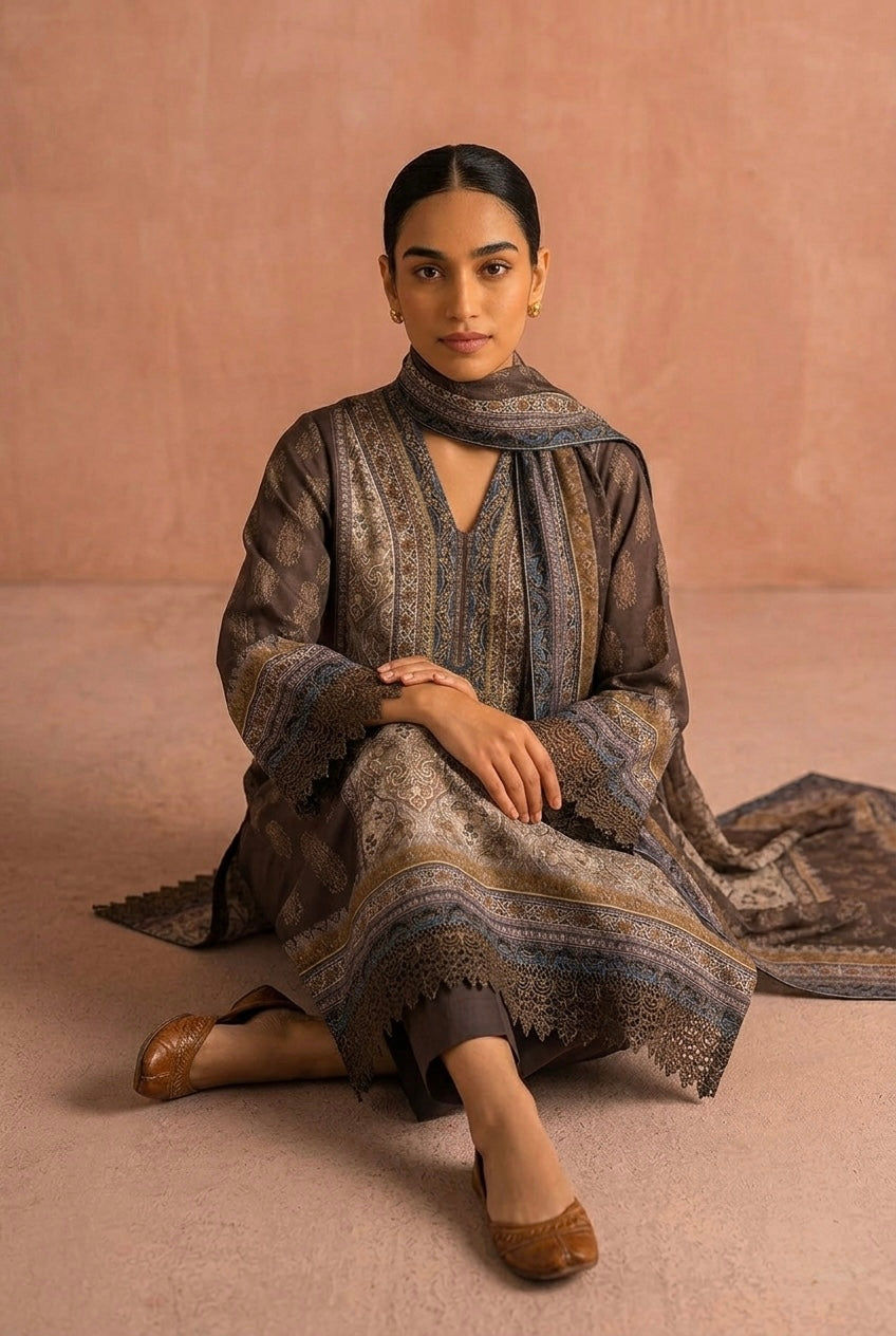 Mocha Brown Pure Crepe Suit Set | HER-633