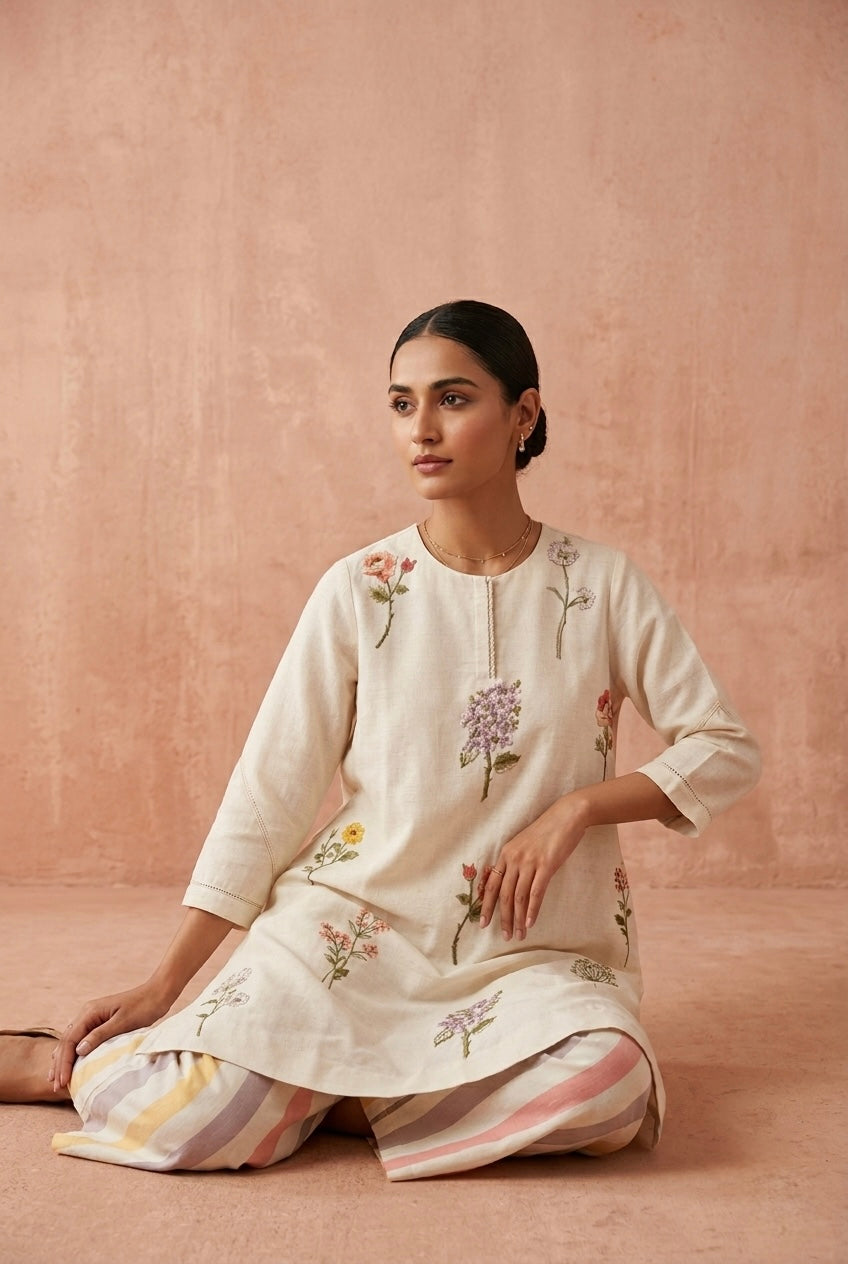 Ivory Botanical Embroidered A-Line Kurta Set | HER-630