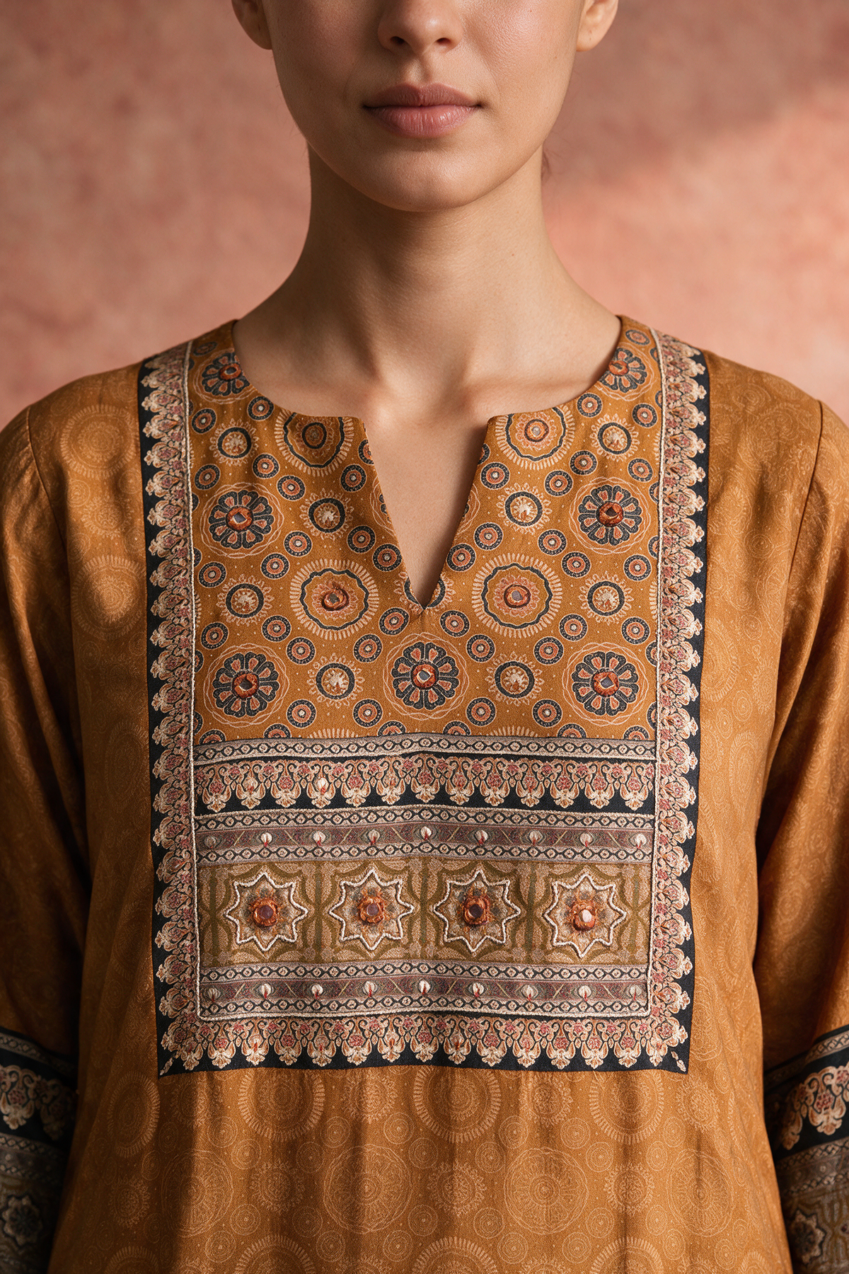 Mustard Brown Printed Muslin Suit Set