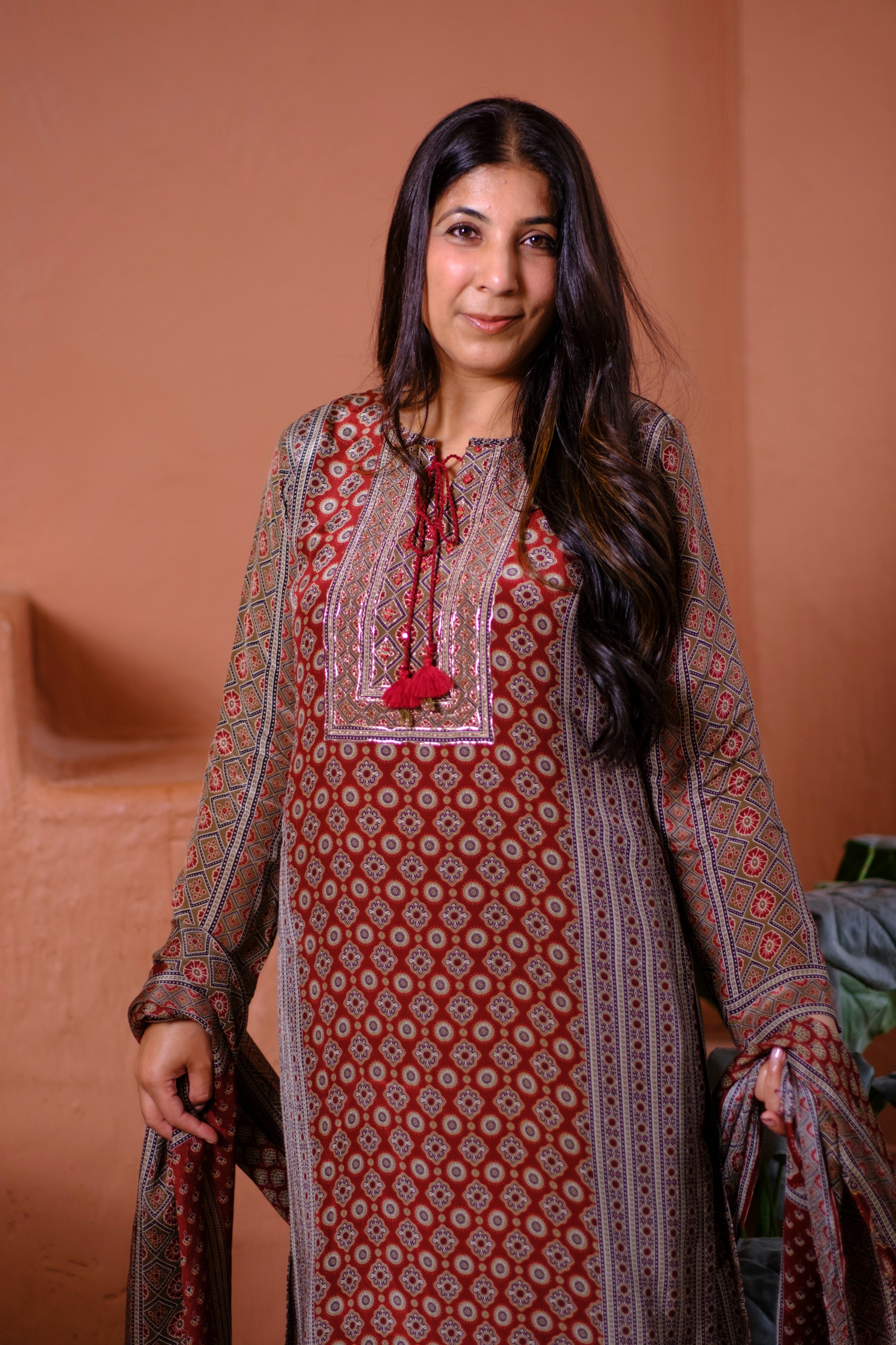 Rust Ajrakh Pure Crepe Suit Set | HER-634 x Navjeet Kaur