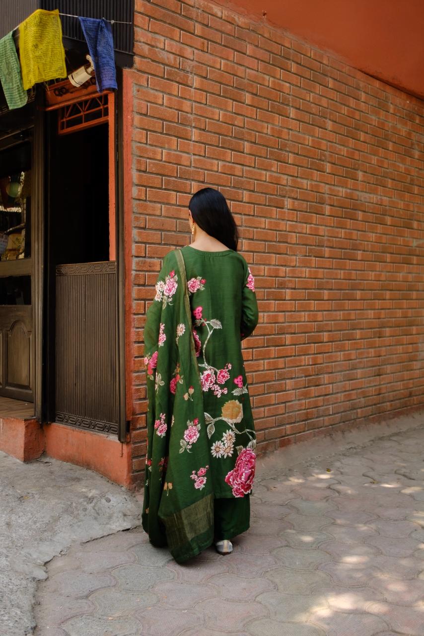 Emerald Green Floral Chanderi Suit Set | HER-605