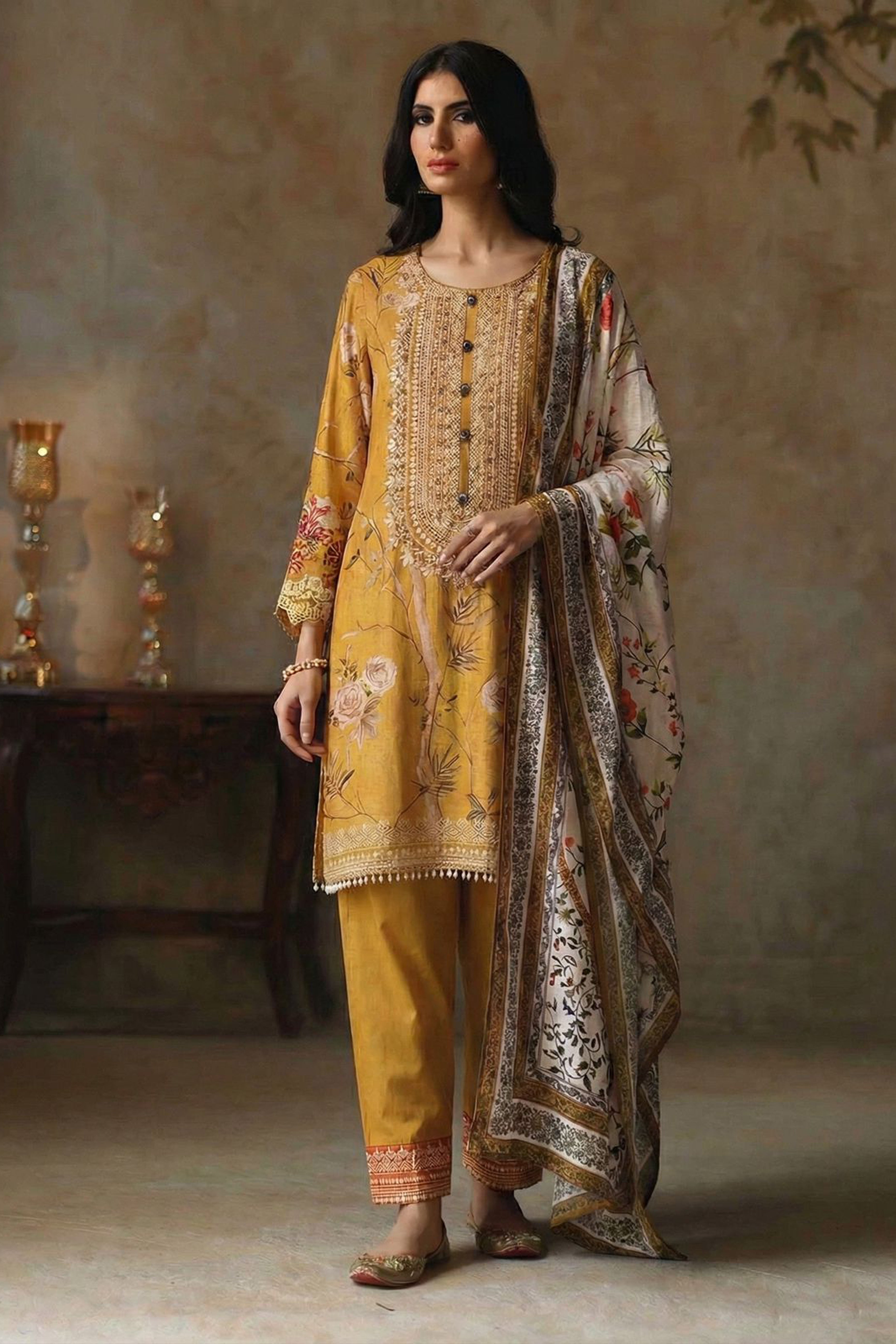 Mustard Rose Garden Embellished Suit Set | HER-614