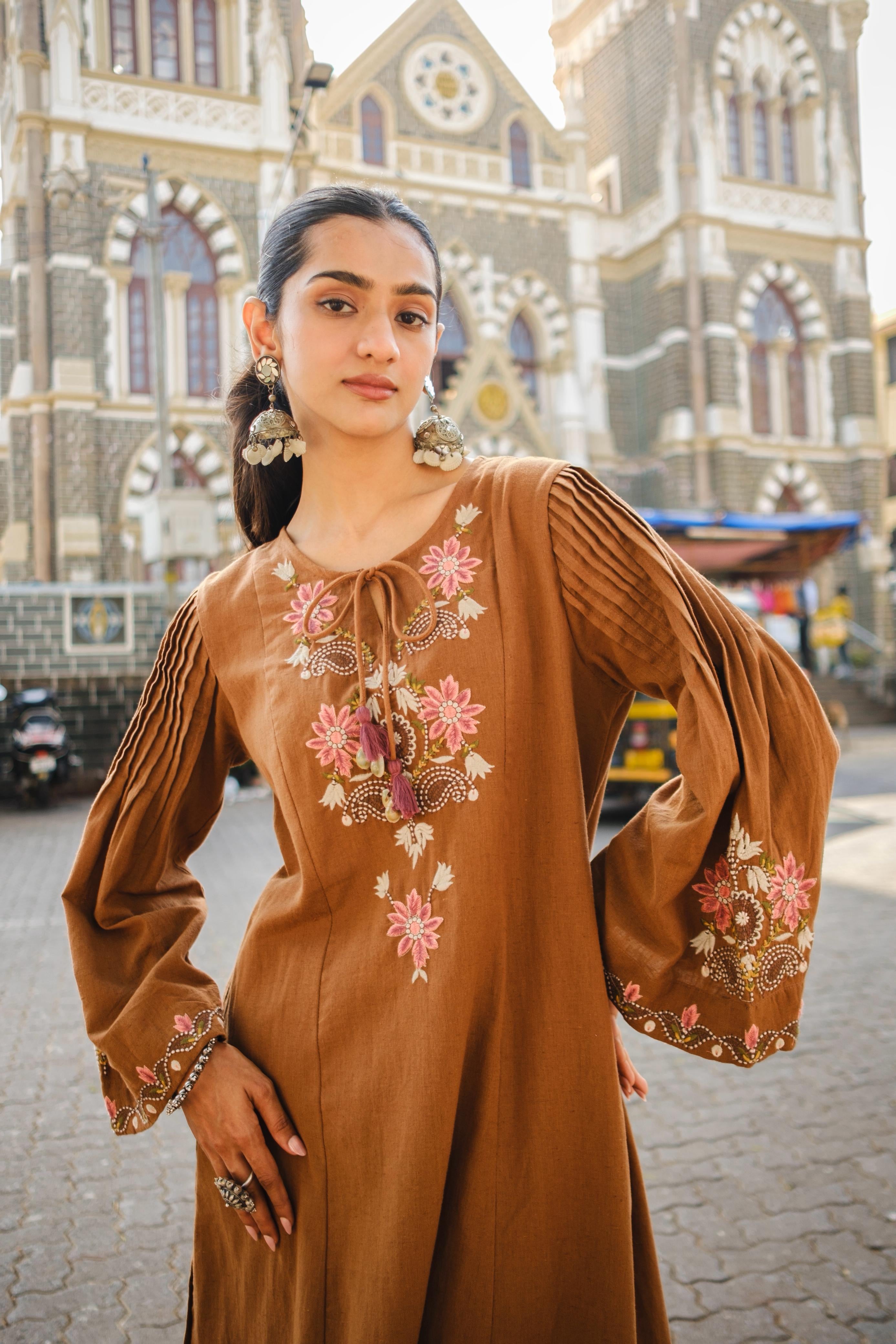 Caramel Brown Embroidered A-Line Kurta Set | HER-723