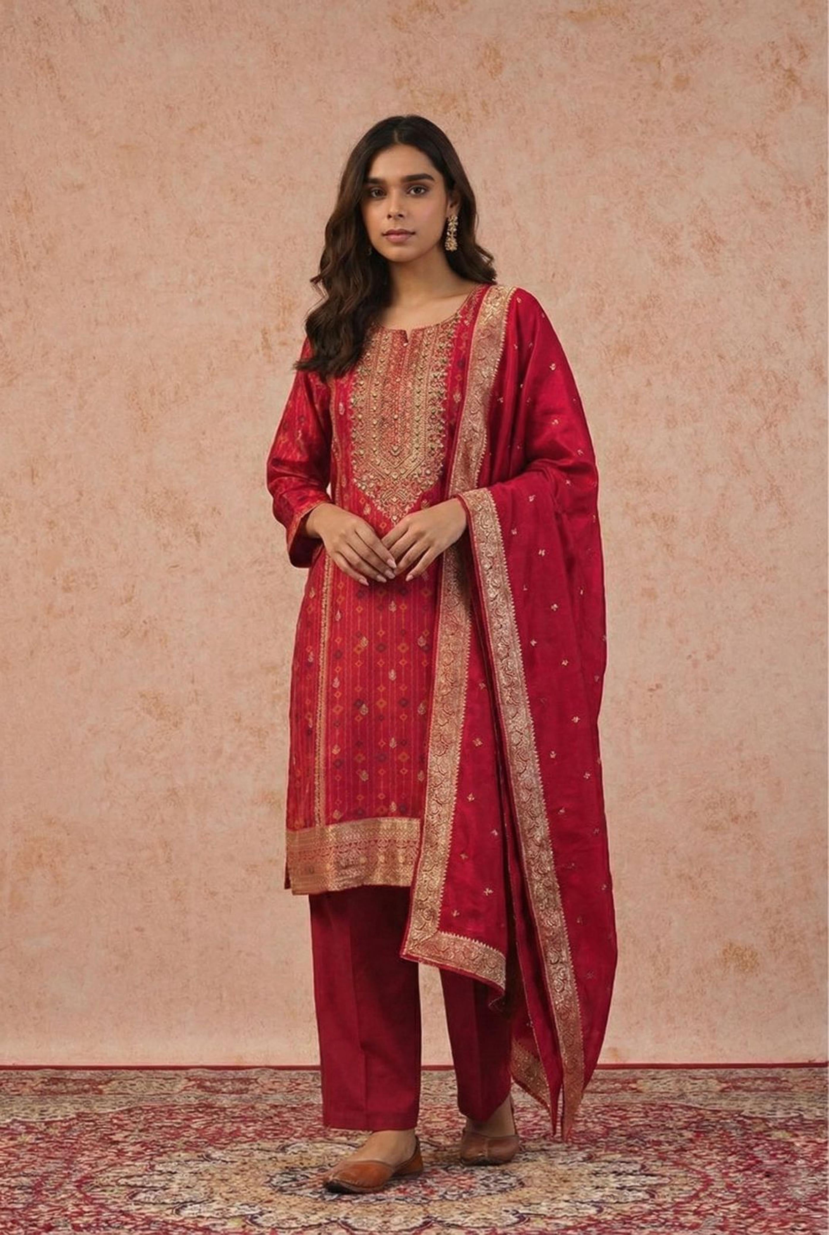 Red Dola Jacquard Straight Fit Suit Set | HER-484