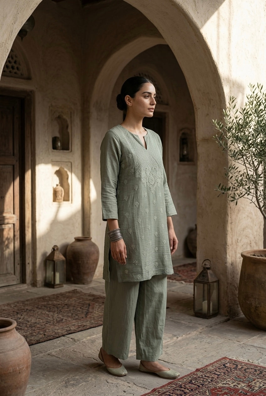Olive Mul-Chanderi Kurta Set
