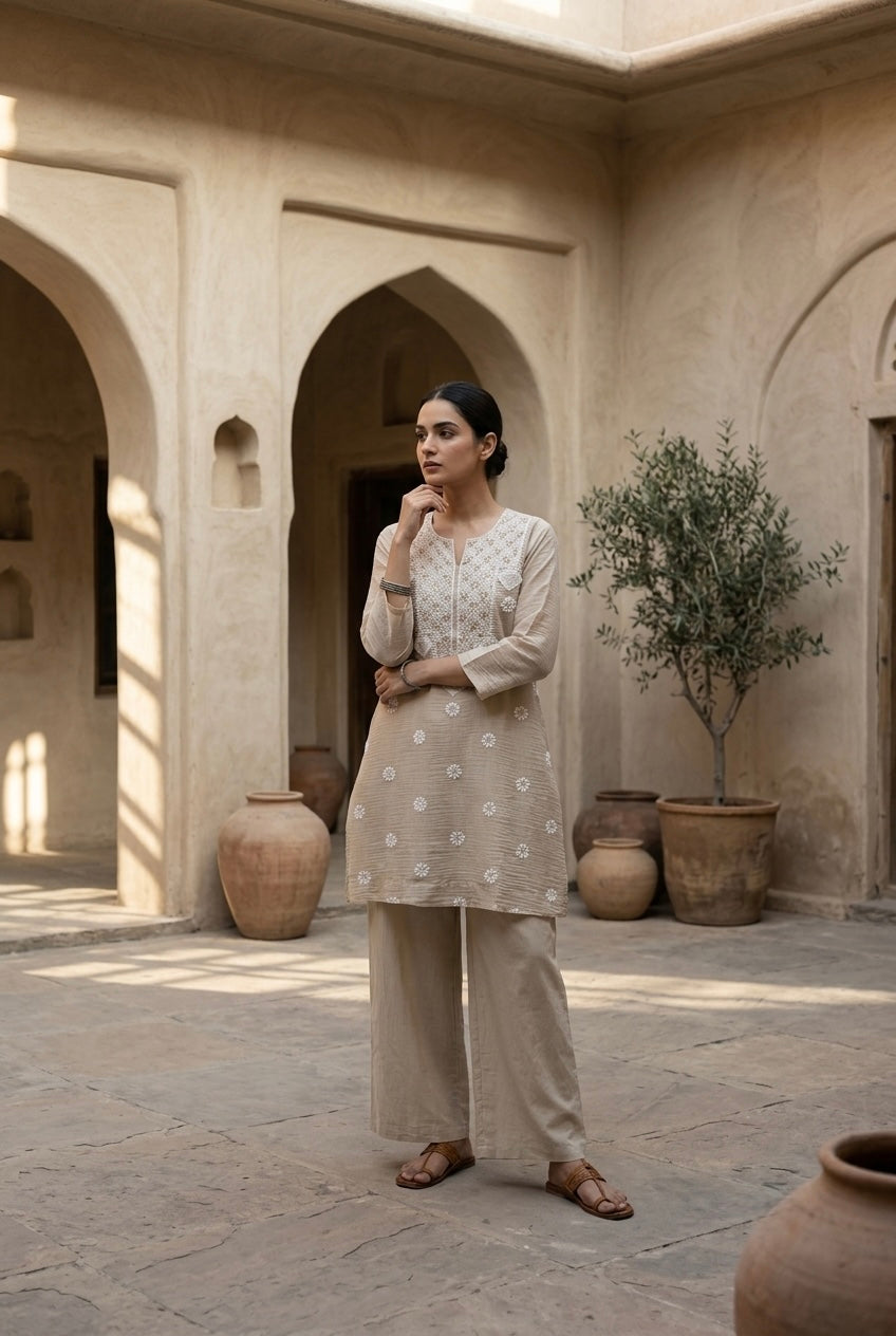 Sand Beige Mul-Chanderi Kurta/Co-ord Set