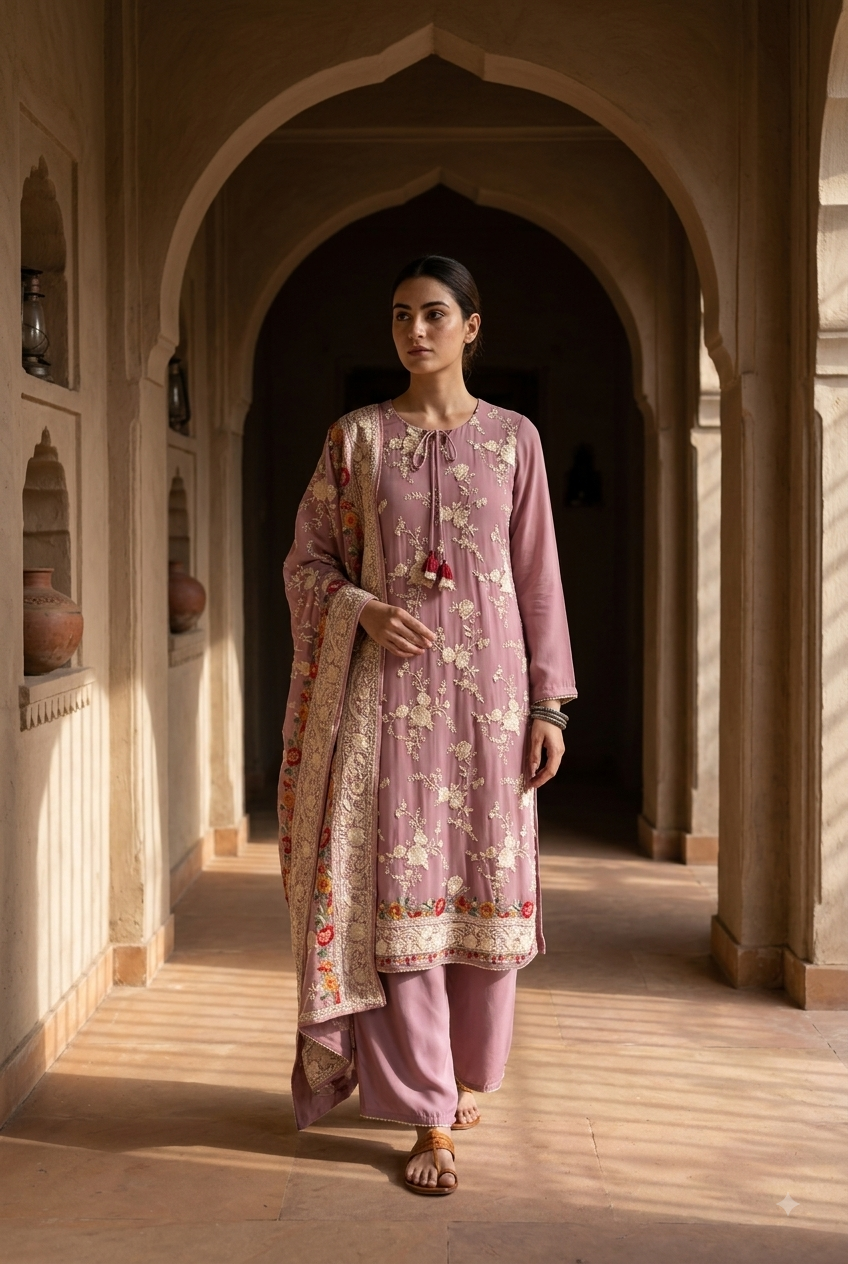 Dusty Rose Floral Embroidered Georgette Suit Set