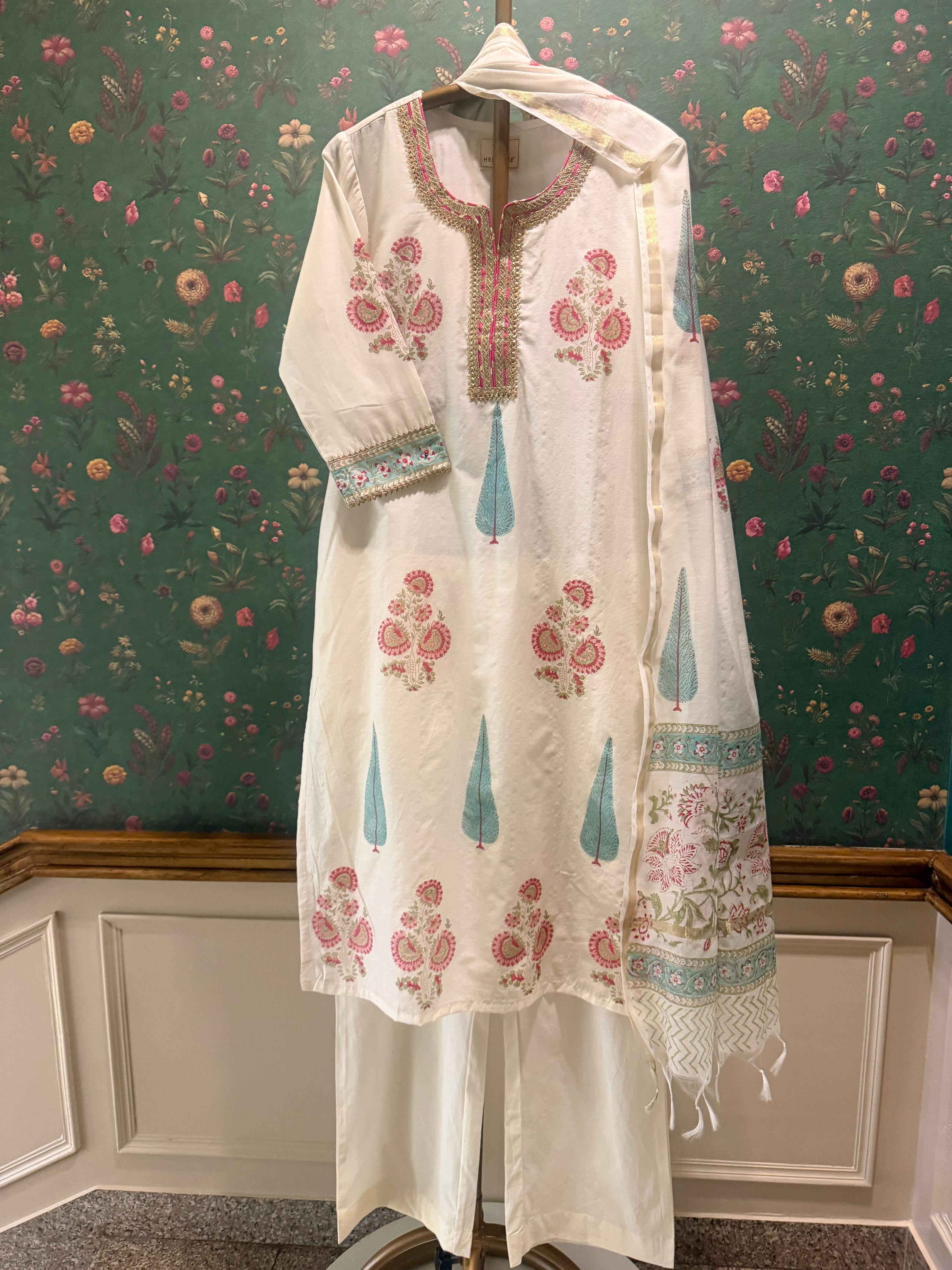 Ivory White Floral Printed Chanderi Suit Set | HER-757