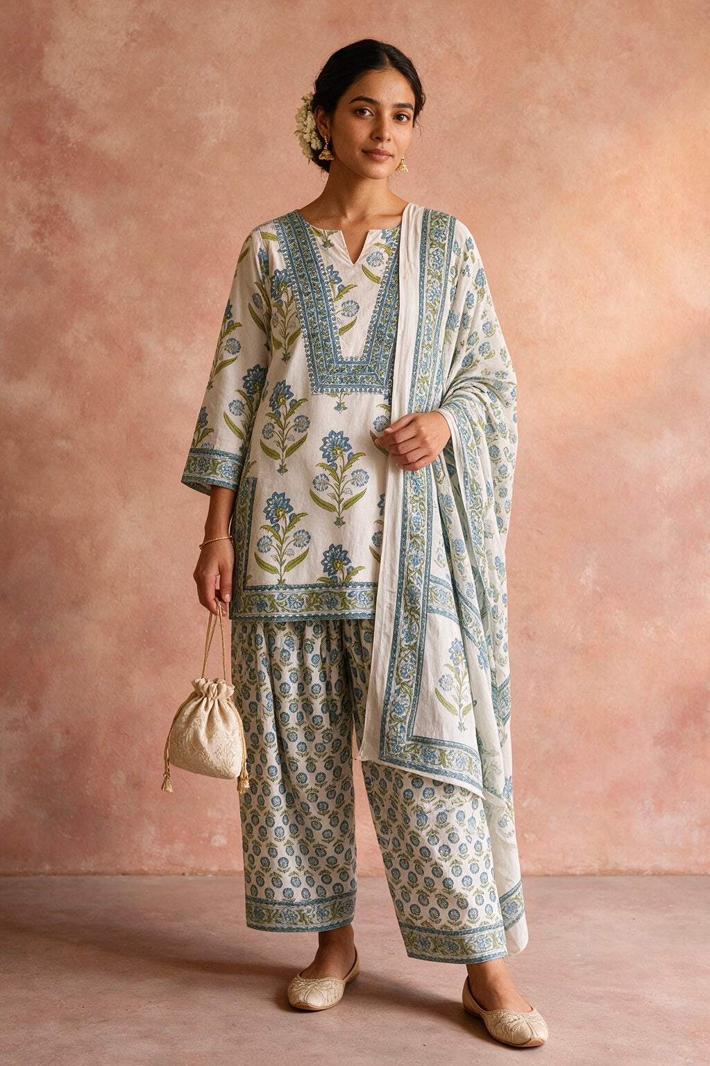 Blue Floral Cotton Printed Farshi Salwar Suit Set