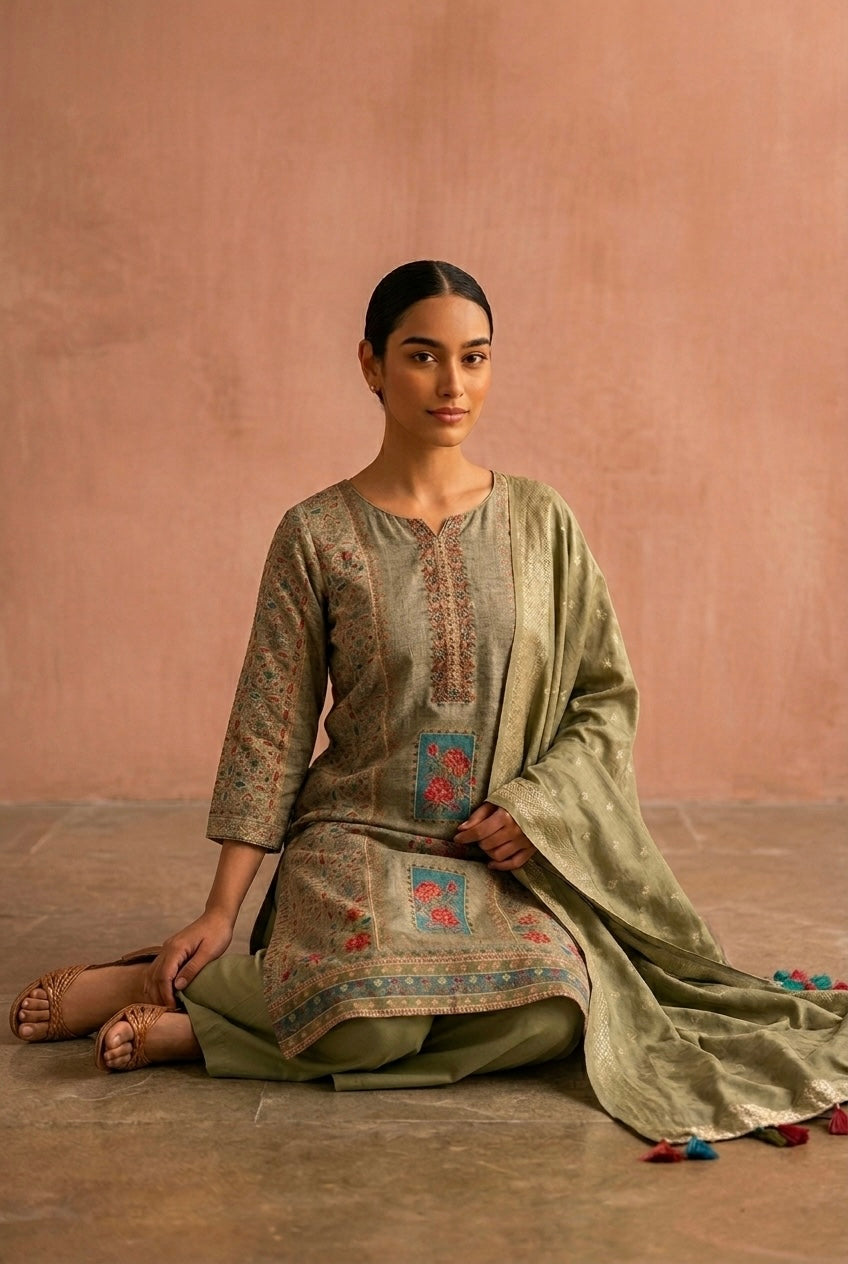 Veda Pista Green Weaved Suit Set | HER-648