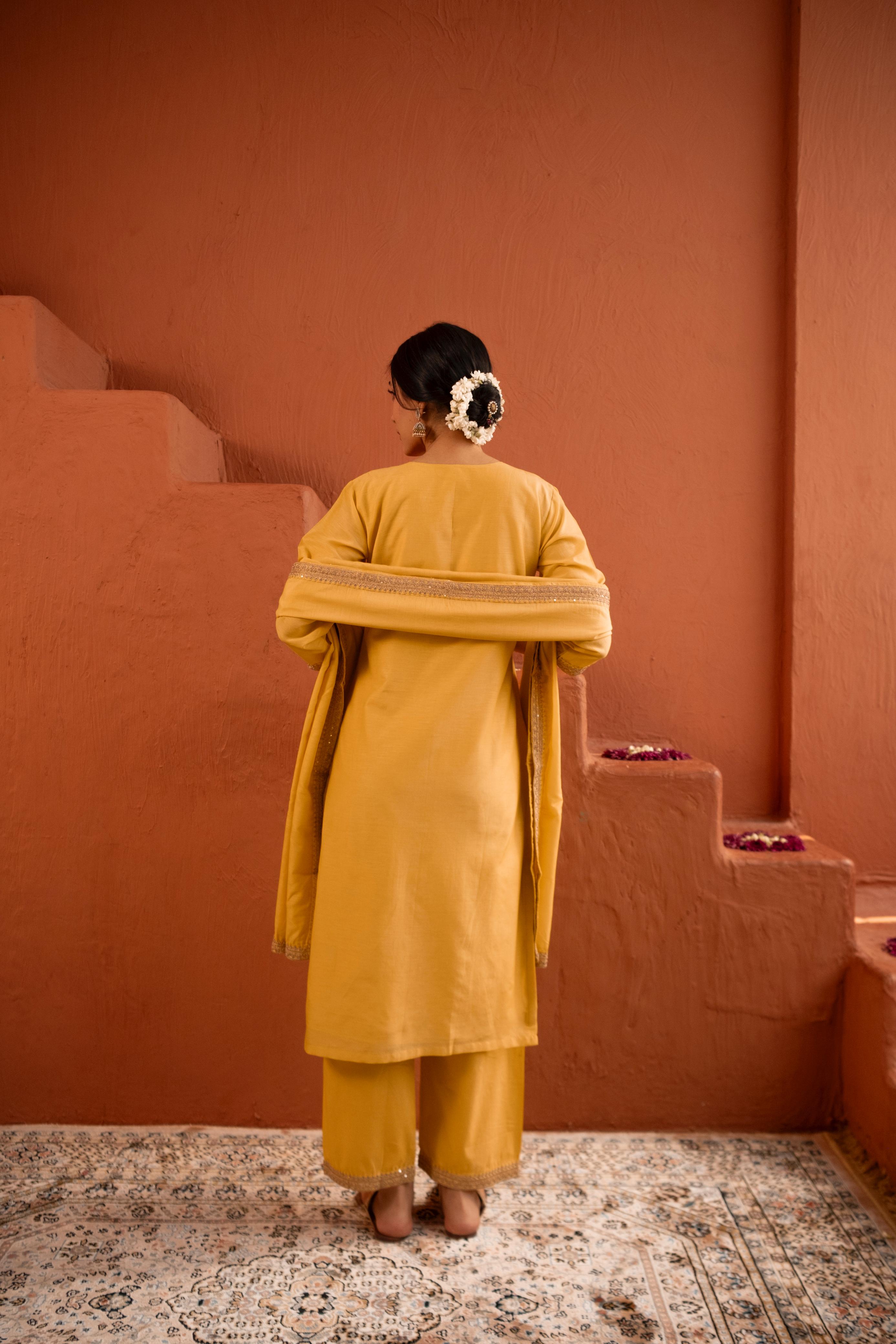 Aafreen Yellow Mul Chanderi Embroidered Suit Set | HER-543