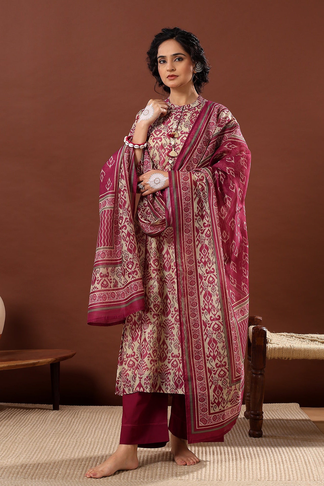 Mahek Wine Printed Chanderi Suit Set | HER-501