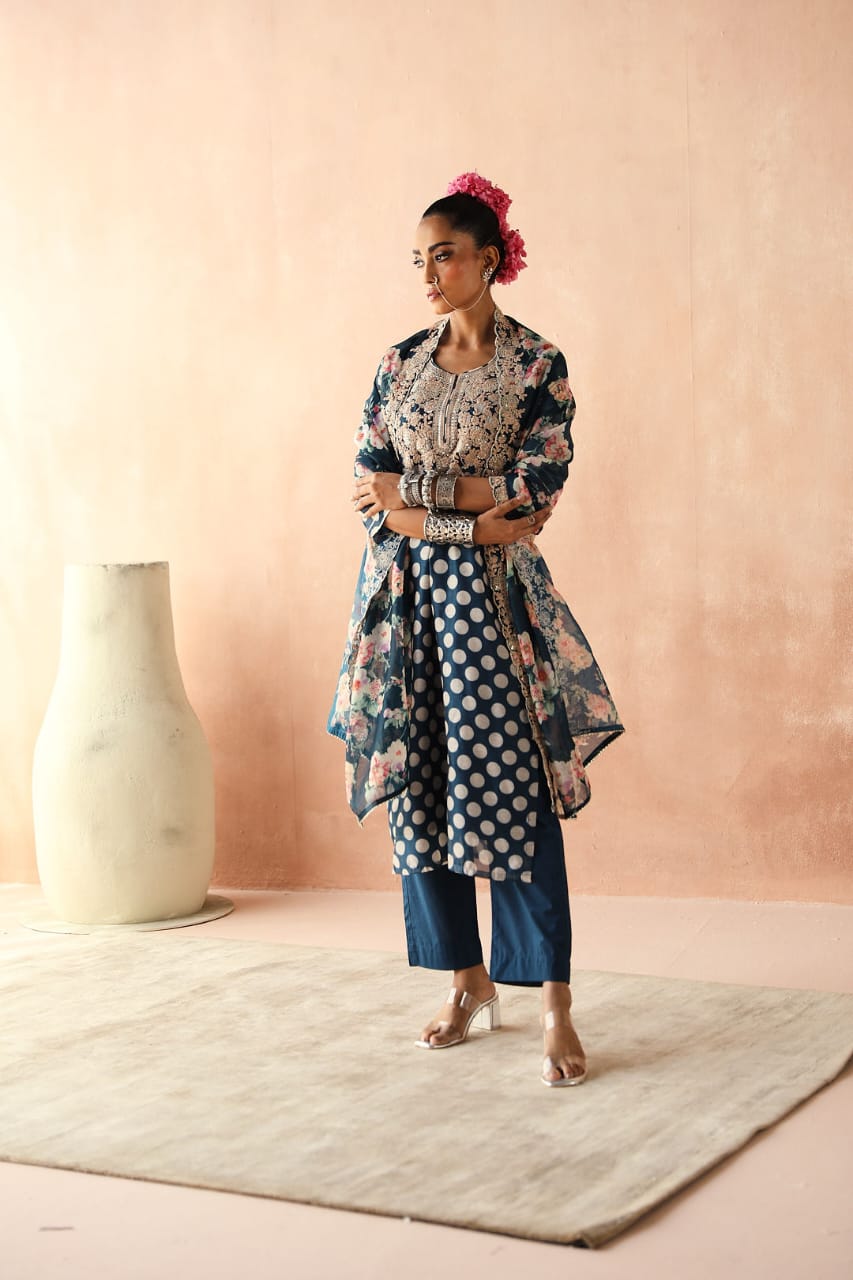 Blue Polka Chanderi Kurta Set | HER-253