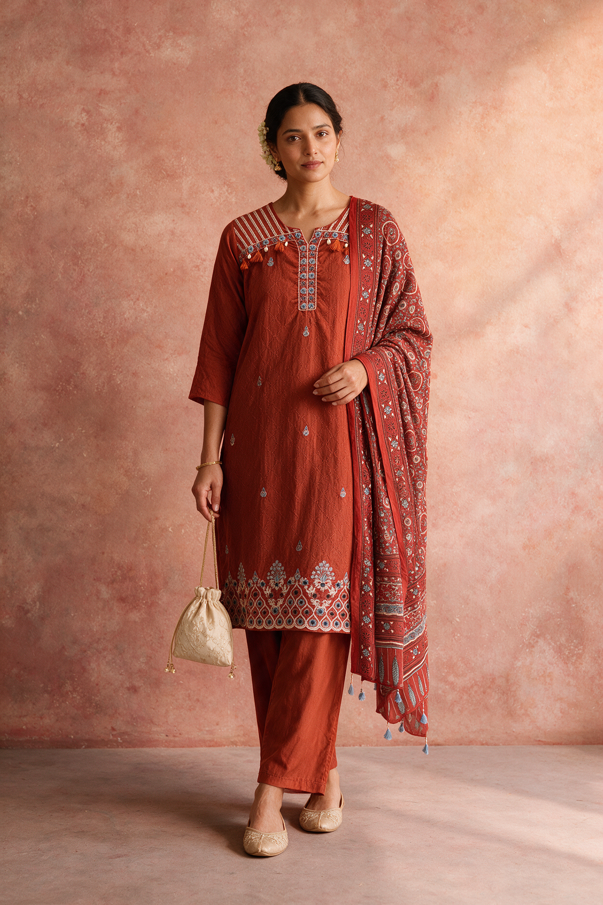 Rust Orange Embroidered Pure Cotton Suit Set