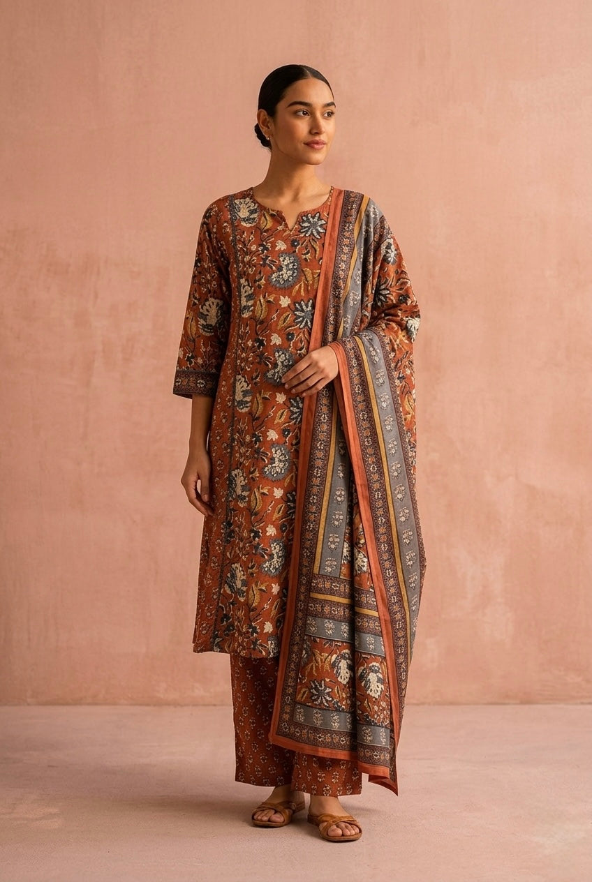 Burnt Saffron Orange Printed A-Line Cotton Suit Set | HER-713