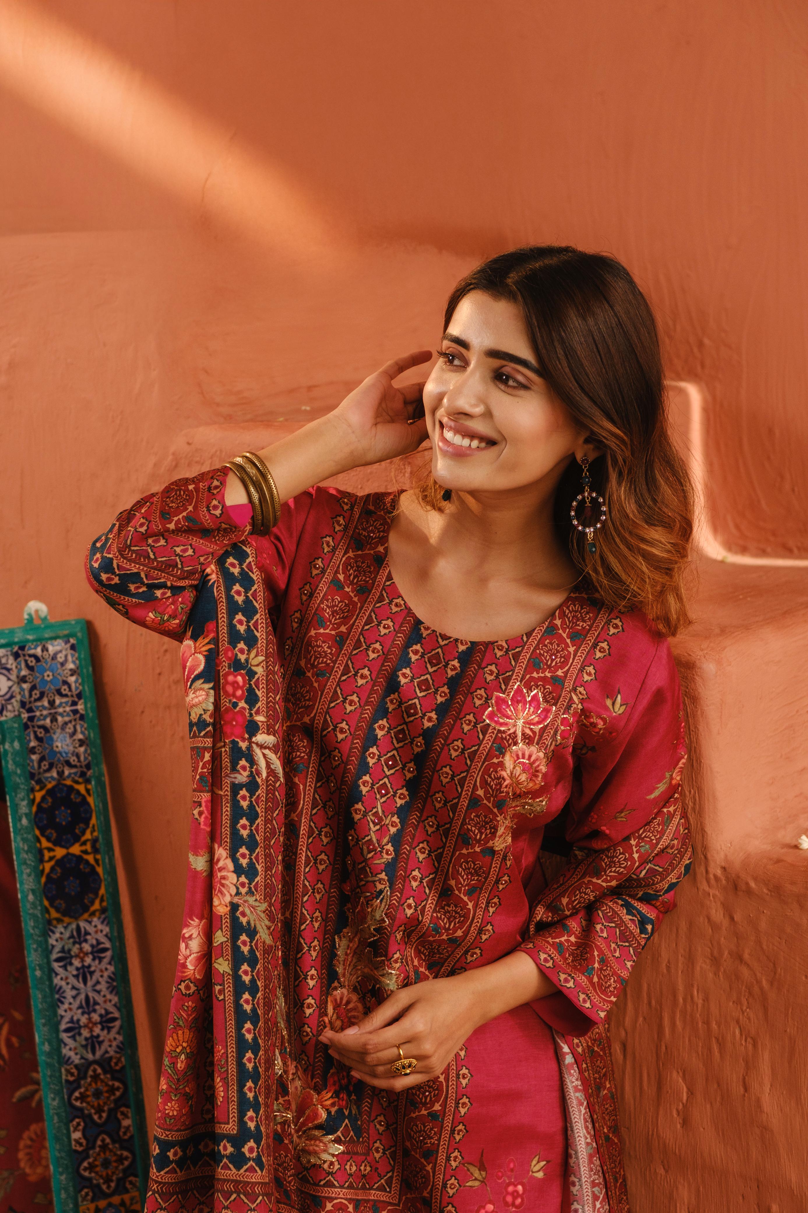 Deep Rose Pink Dola Jacquard Suit Set with Dabka work | HER-485