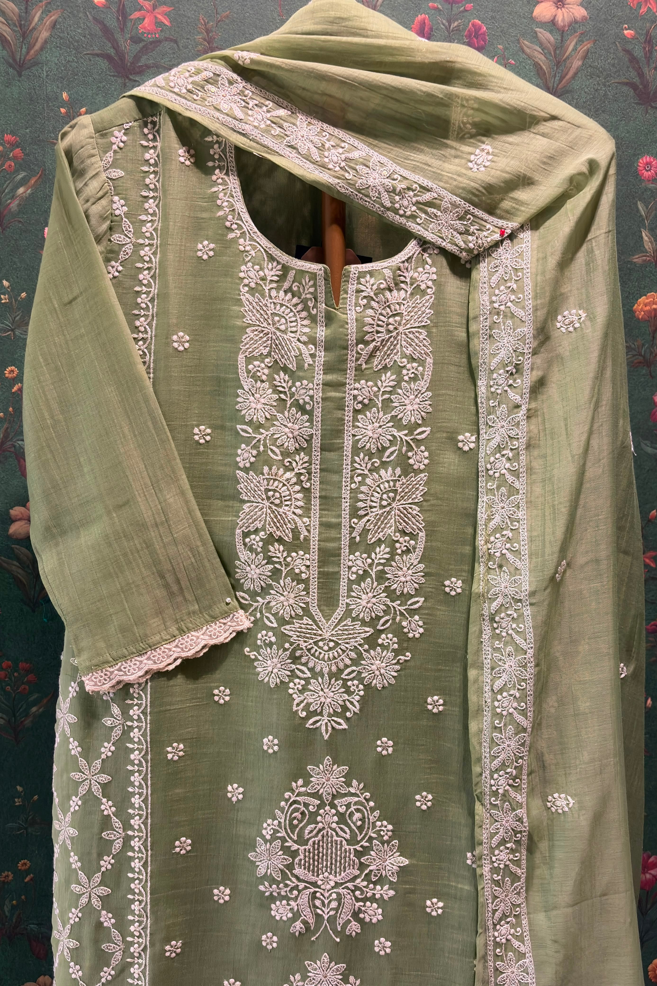 Pistachio Green Embroidered Mul-Chanderi Suit Set