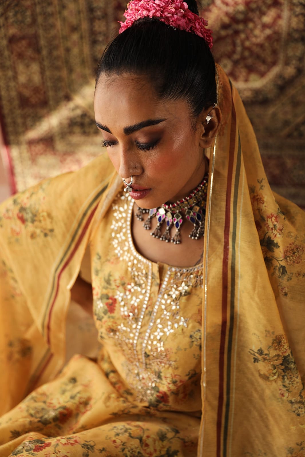 Heer Floral Yellow Chanderi Suit Set | HER-255