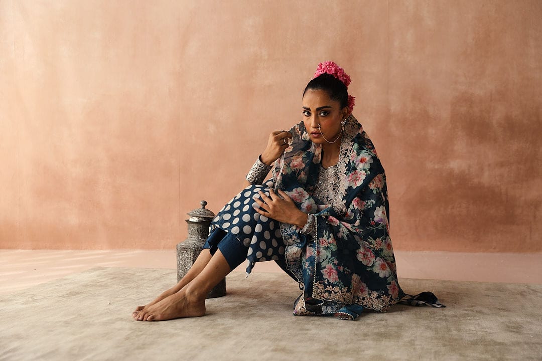 Blue Polka Chanderi Kurta Set | HER-253