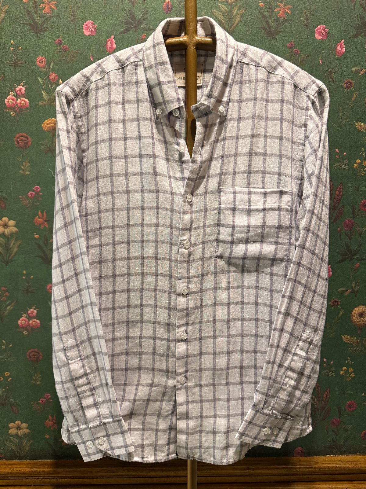 Men’s Ivory Grey Check Pure Linen Full Sleeves Shirt