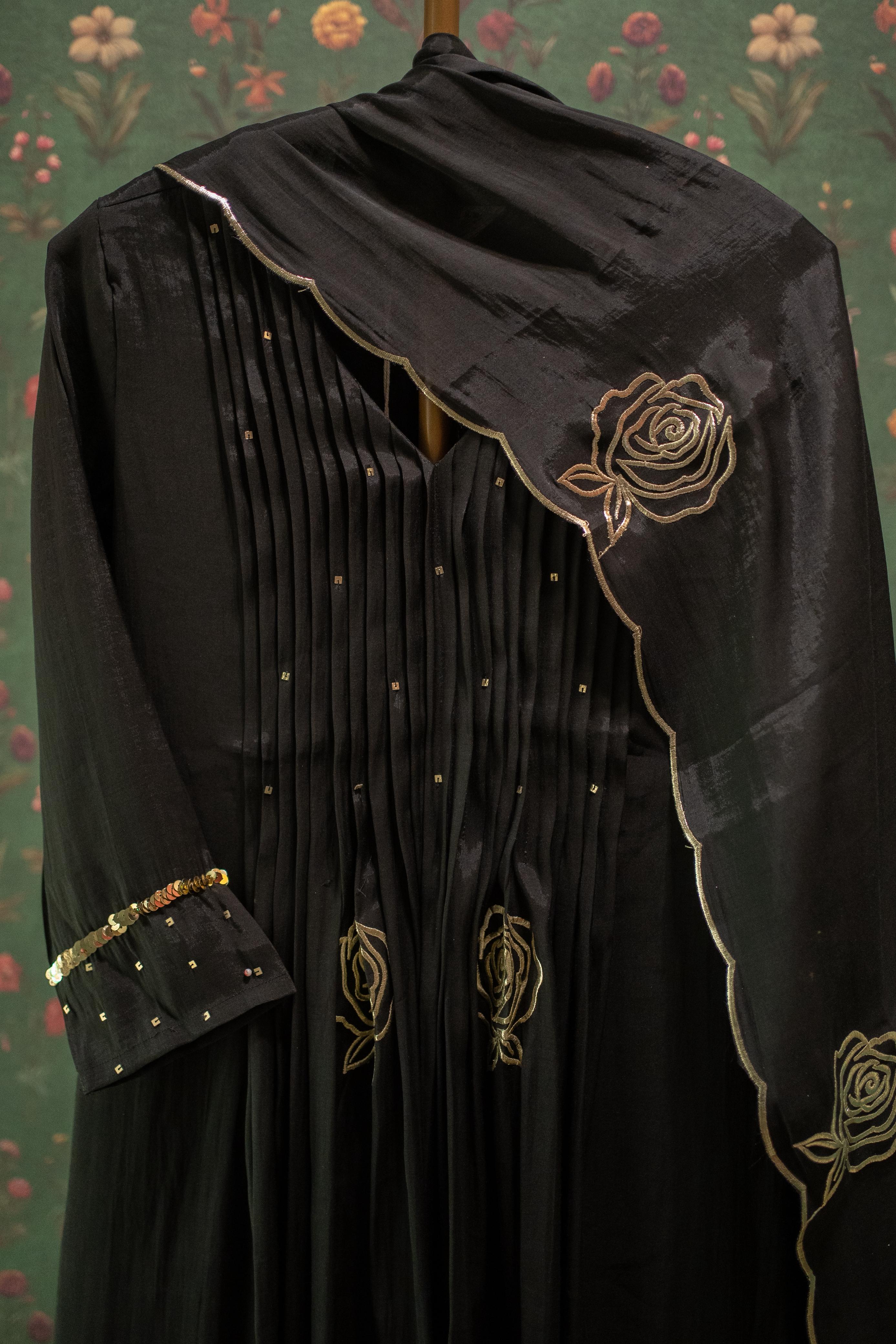 Black Rose Pintuck Palazzo Set with Scallop Dupatta | HER-587