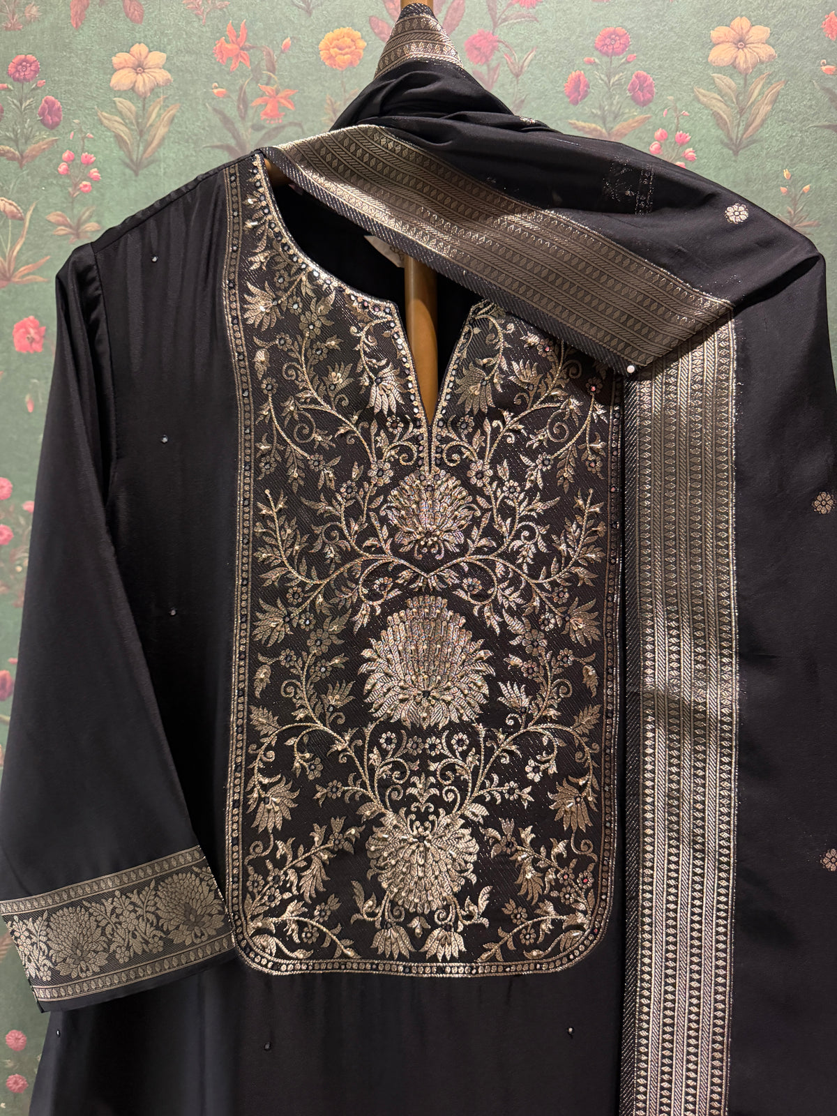 Black Dola Silk Zari Embroidered Suit Set