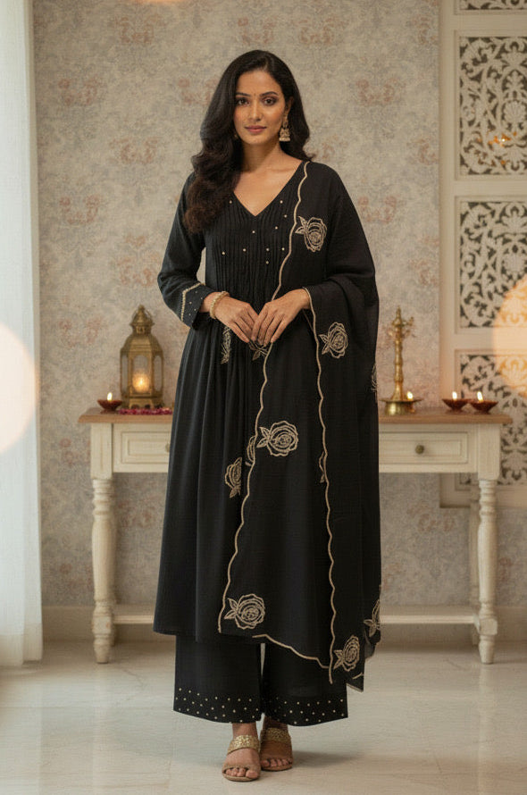 Black Rose Pintuck Palazzo Set with Scallop Dupatta | HER-587