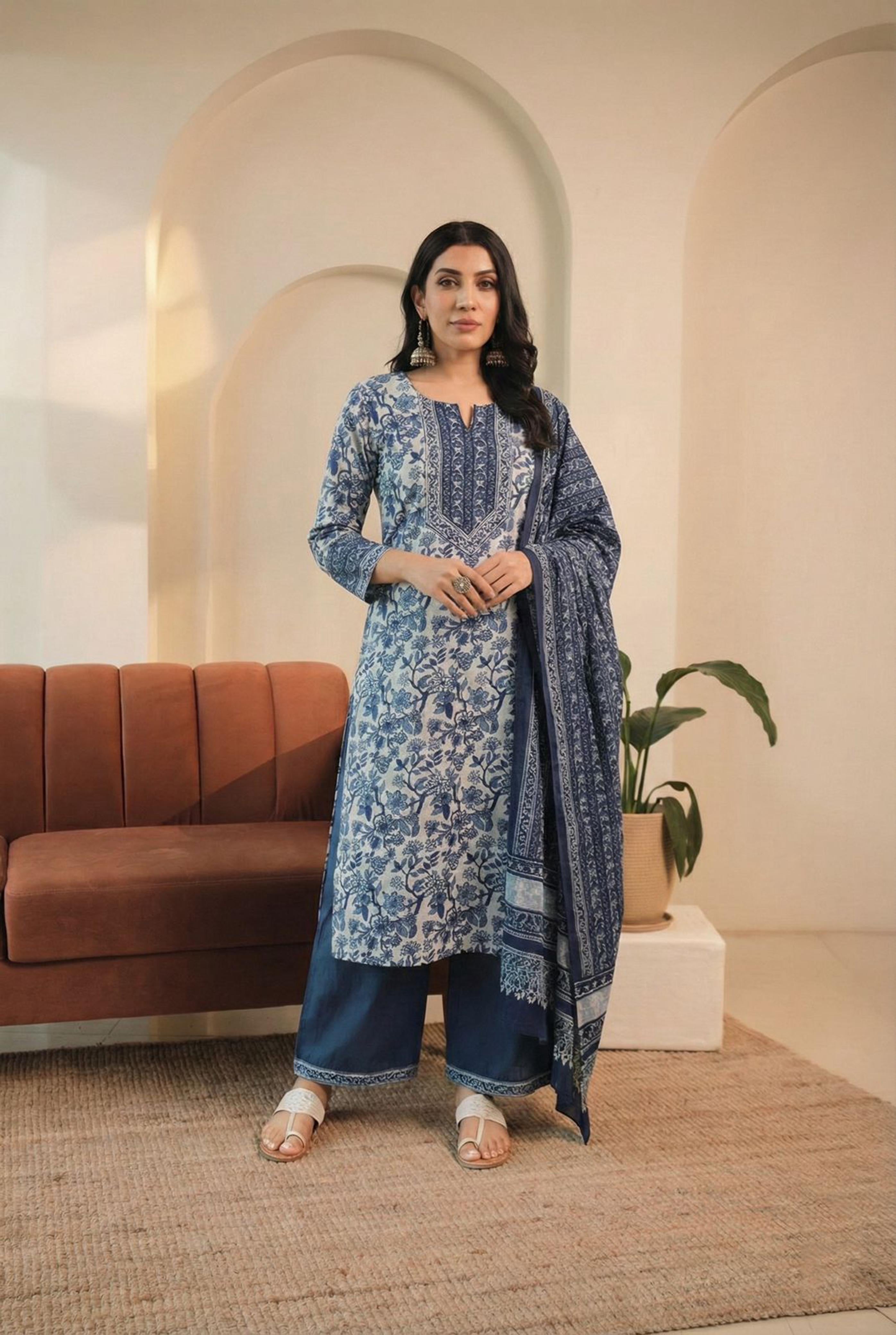 Floral Blue Cotton Suit Set | HER-511