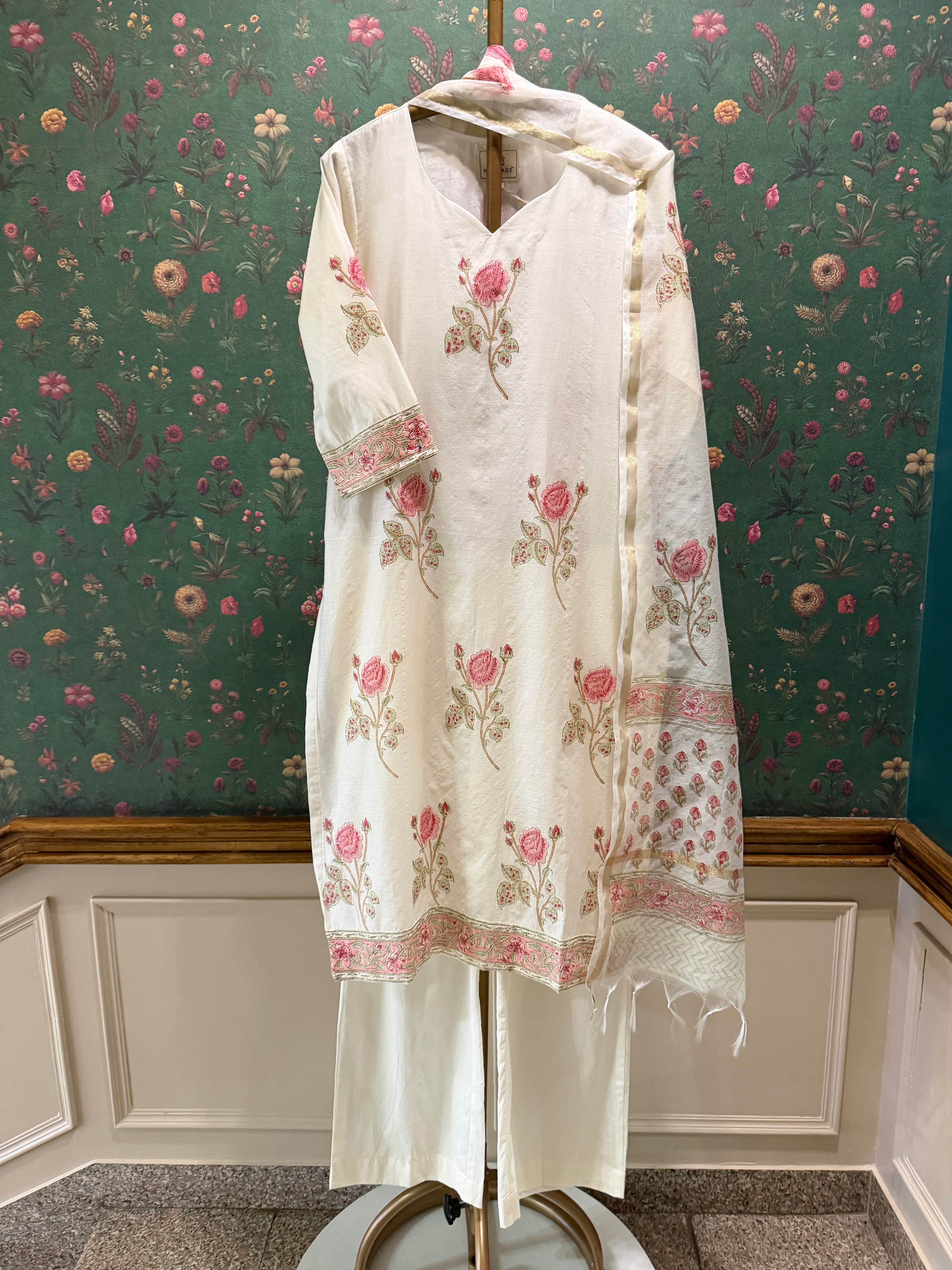Ivory White Rose Printed Chanderi Suit Set | HER-759