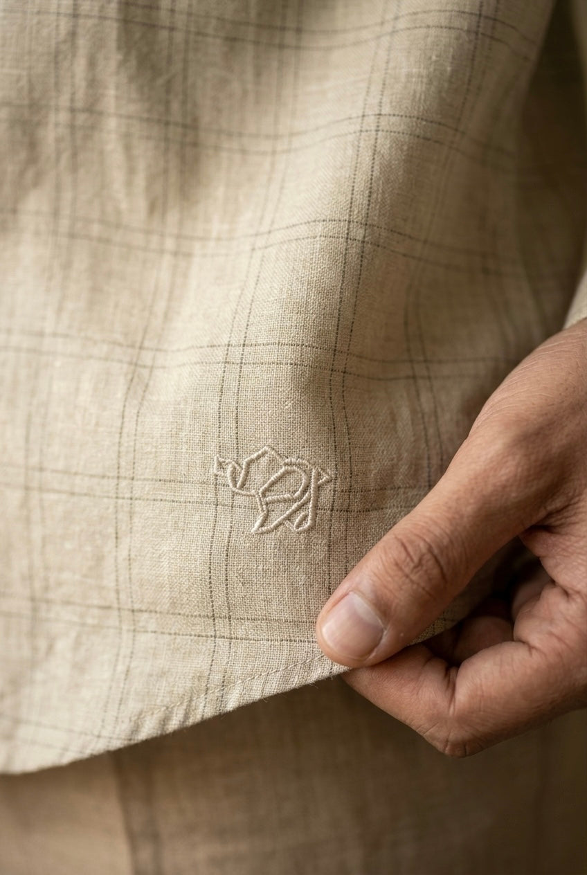 Men’s Sand Beige Windowpane Check Pure Linen Full Sleeves Shirt