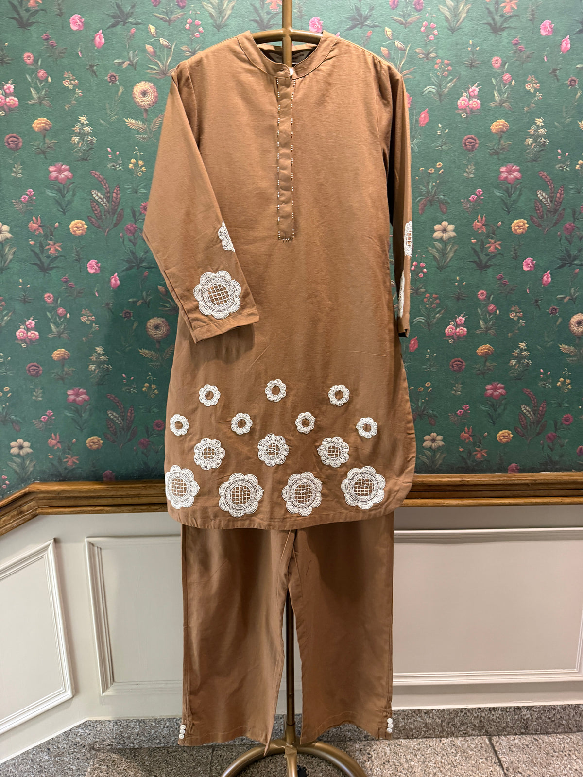 Warm Camel Brown Appliqué Khadi Cotton Kurta/Co-ord Set