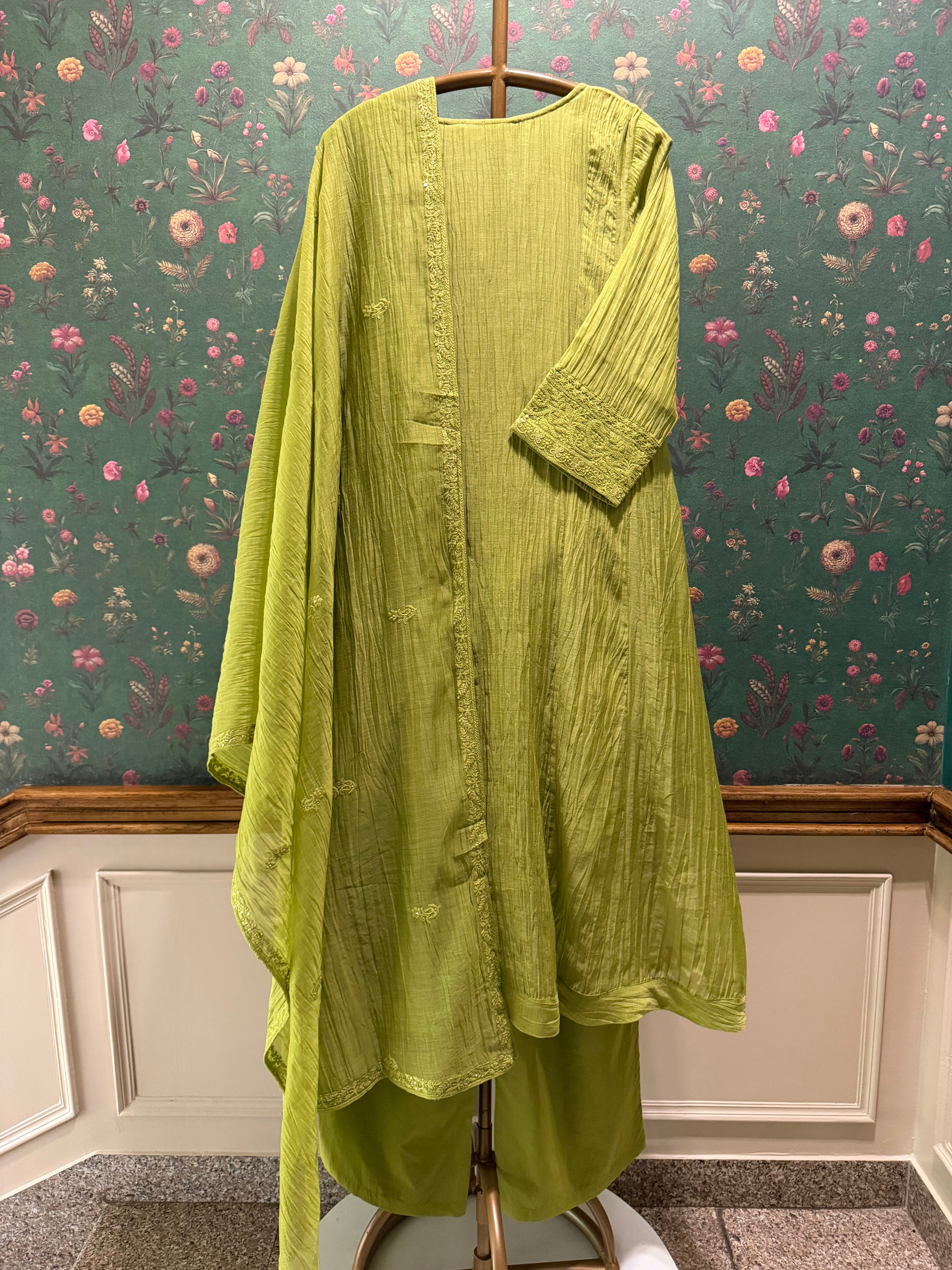 Mehndi Green Chikankari A-Line Mul Chanderi Suit Suit Set | HER-627