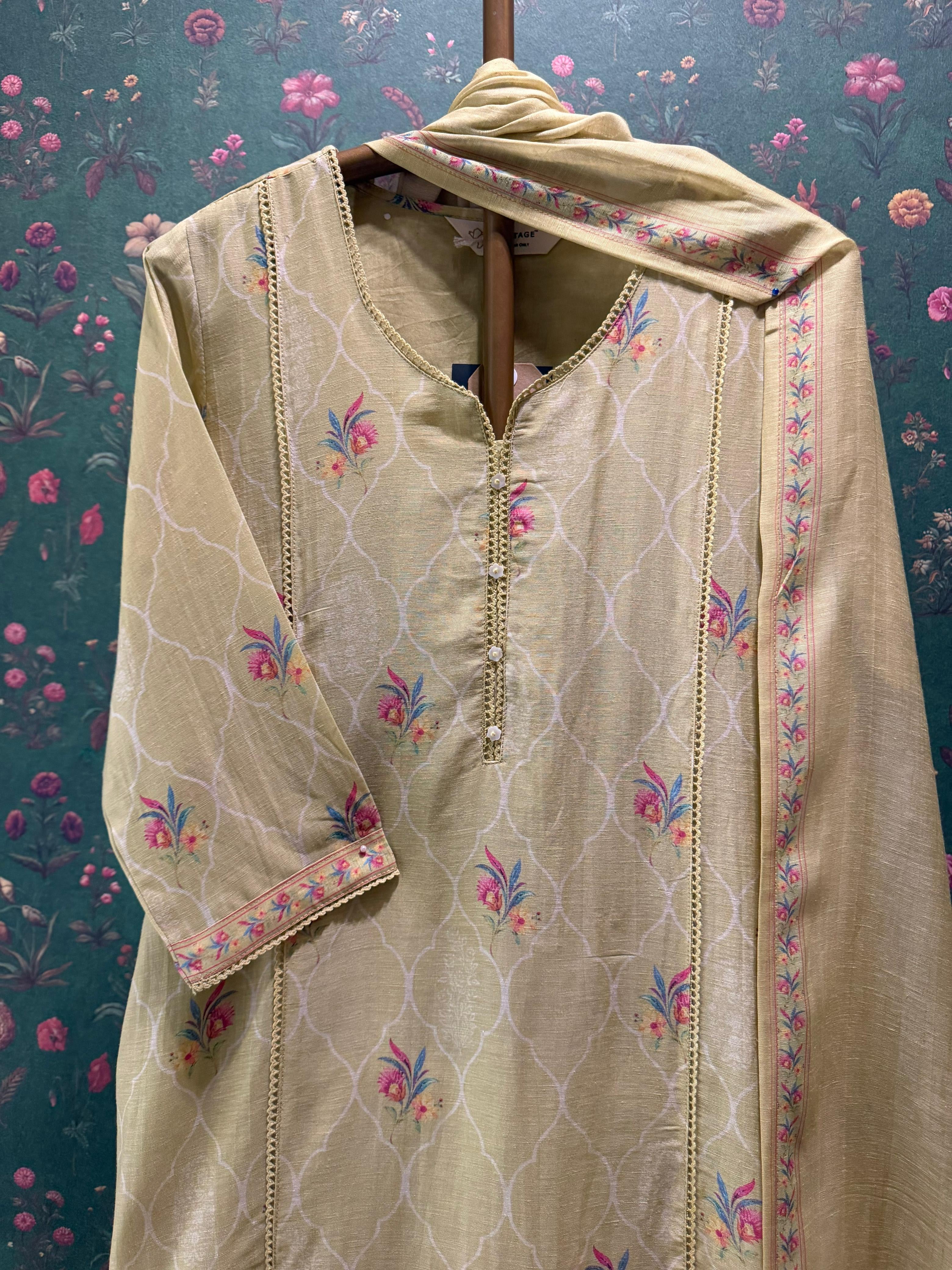 Lime Green Printed Cotton Linen Suit Set | HER-769