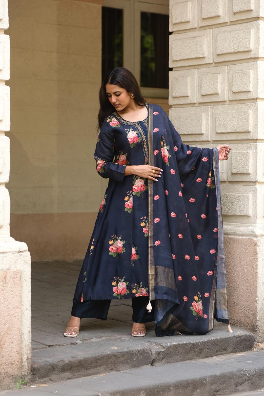 Twilight Black Floral Chanderi A-Line Suit Set x Celina | HER-607