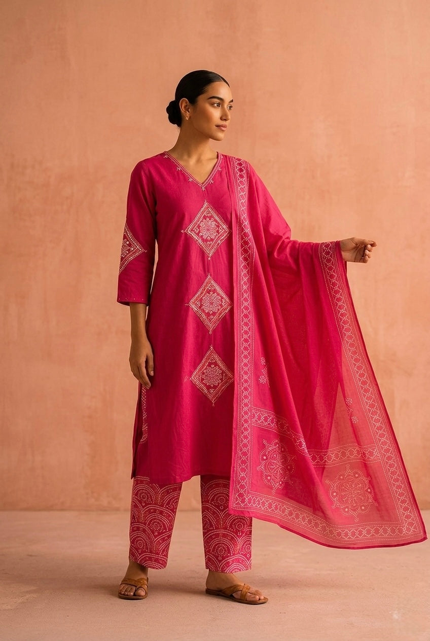 Fuchsia Pink Embroidered Cotton Suit Set | HER-718