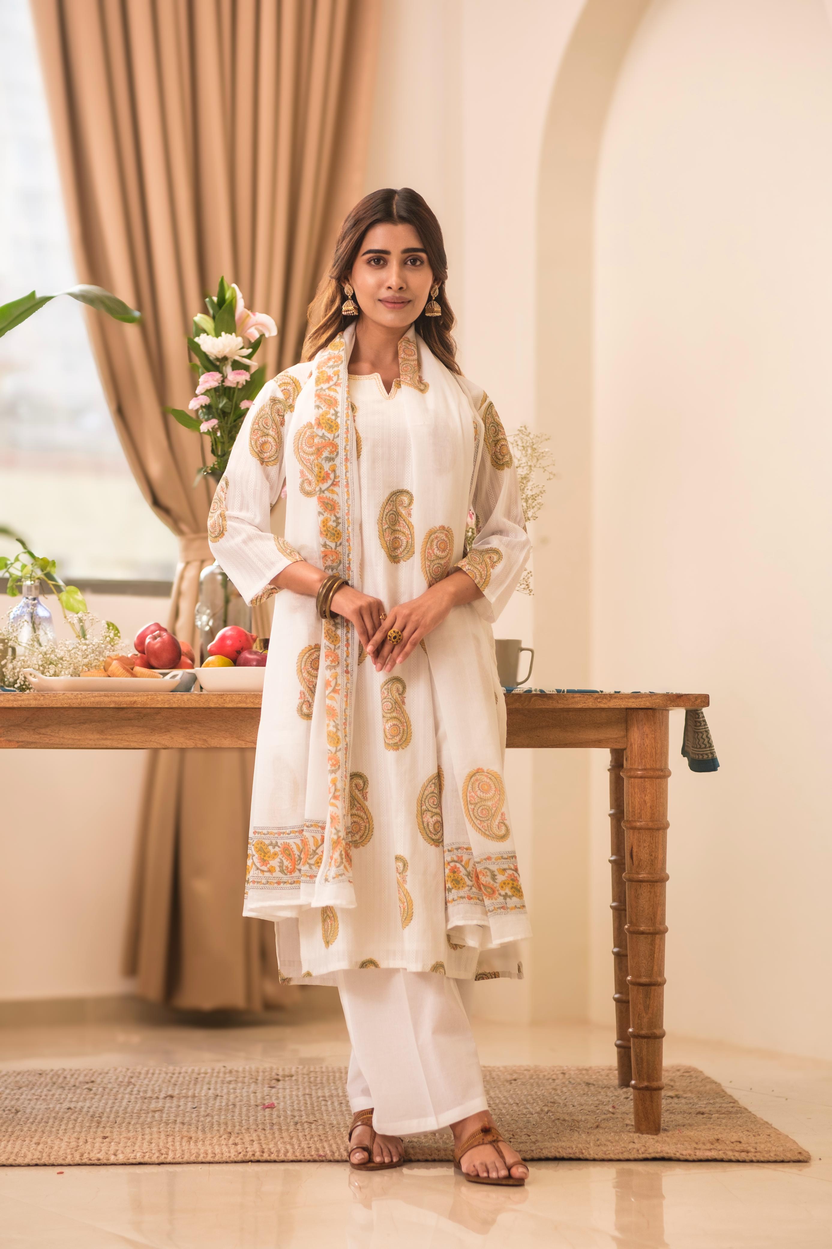 White Paisley Handblock Cotton Suit Set | HER-535