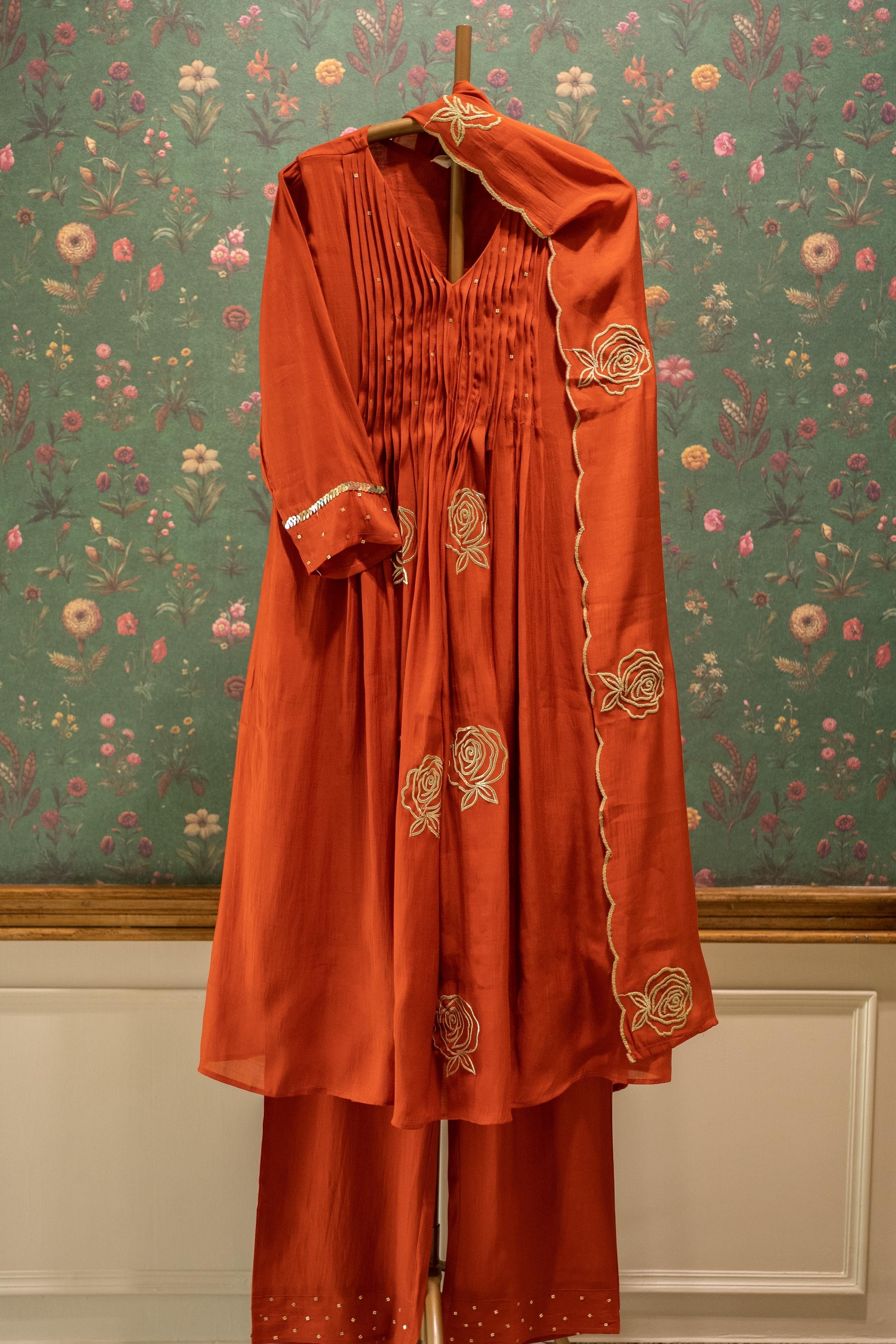 Terracotta Rust Orange, Rose Pintuck Palazzo Set with Scallop Dupatta| HER-587 RUST