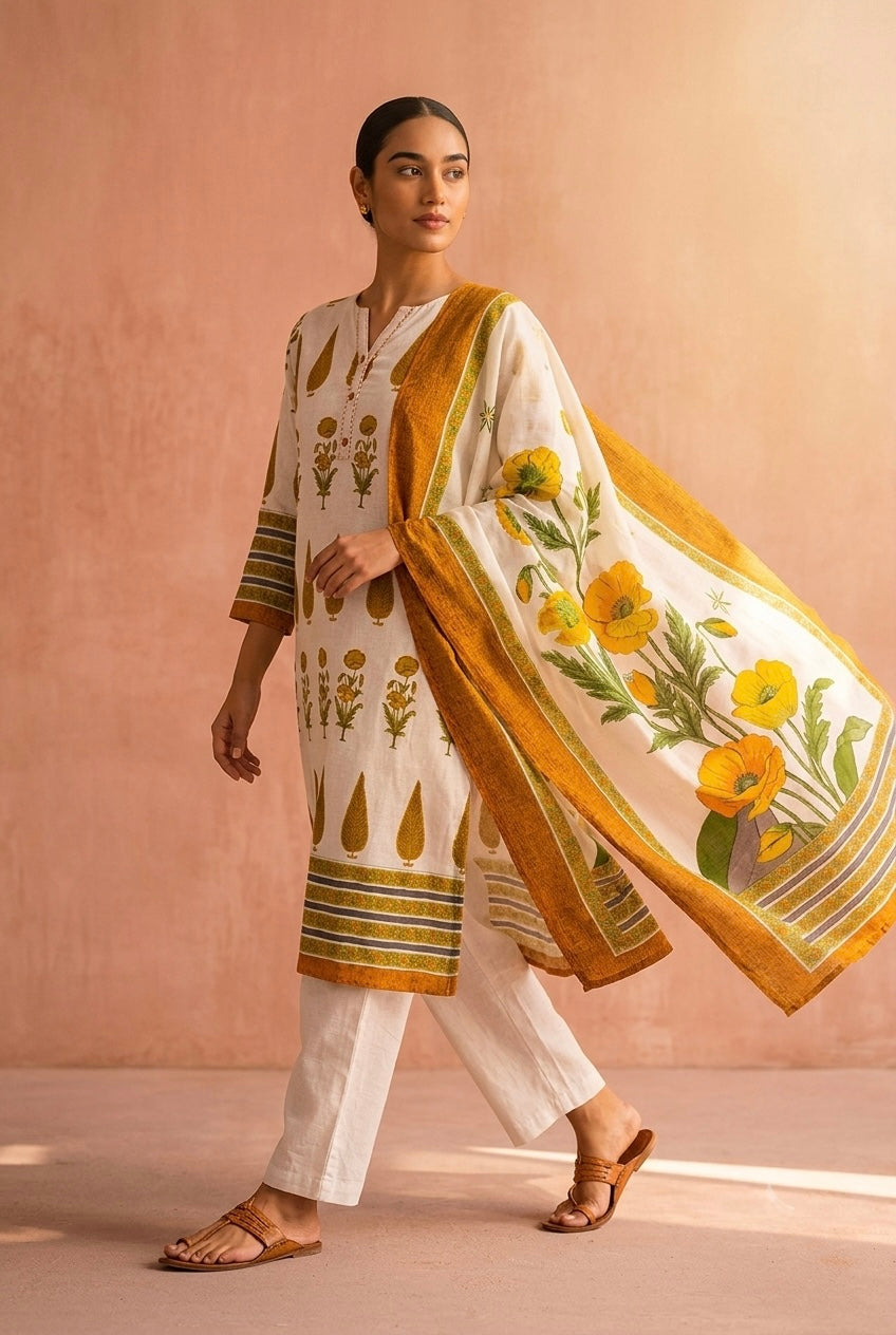 Marigold Mustard Yellow Printed Cotton Suit Set | HER-390