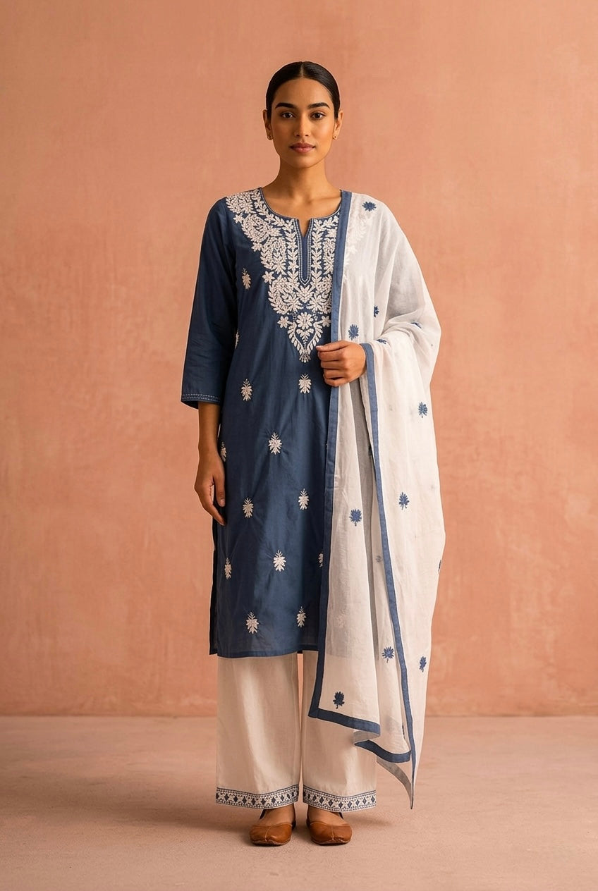 Slate Blue Chikankari Suit Set | HER-703