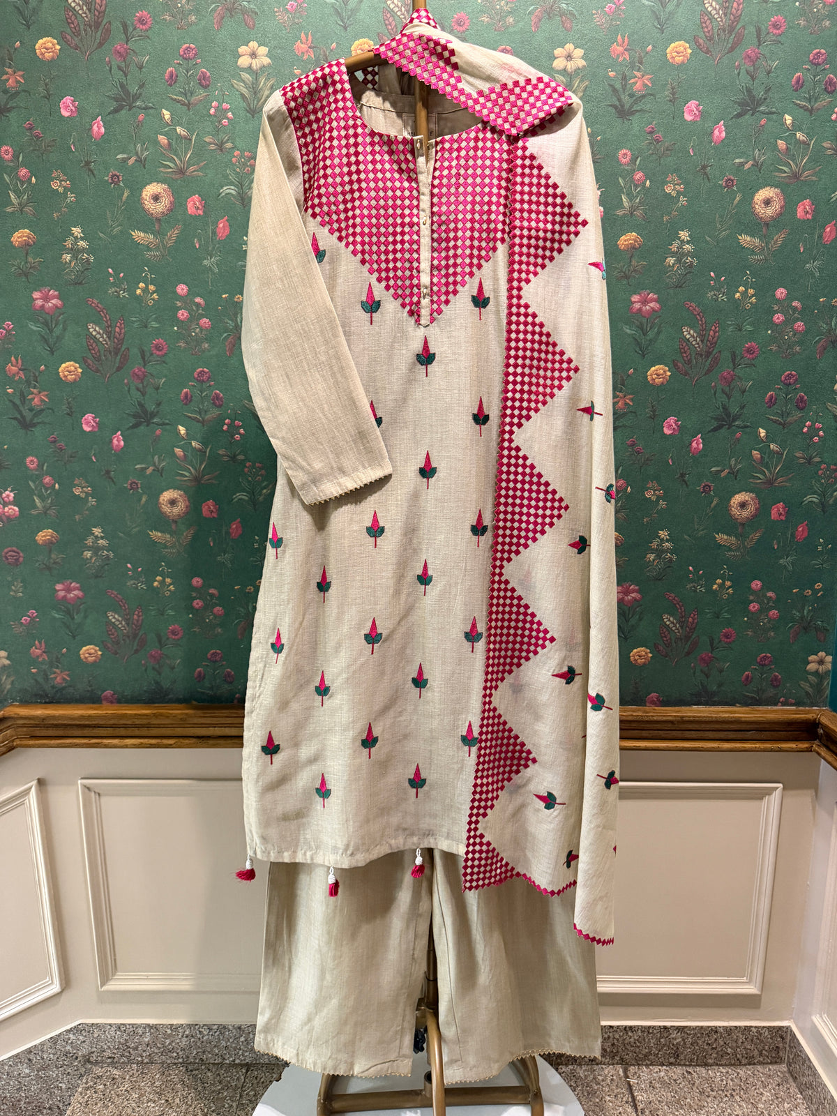Ivory Beige and Pink Embroidered Pure Chanderi Suit Set