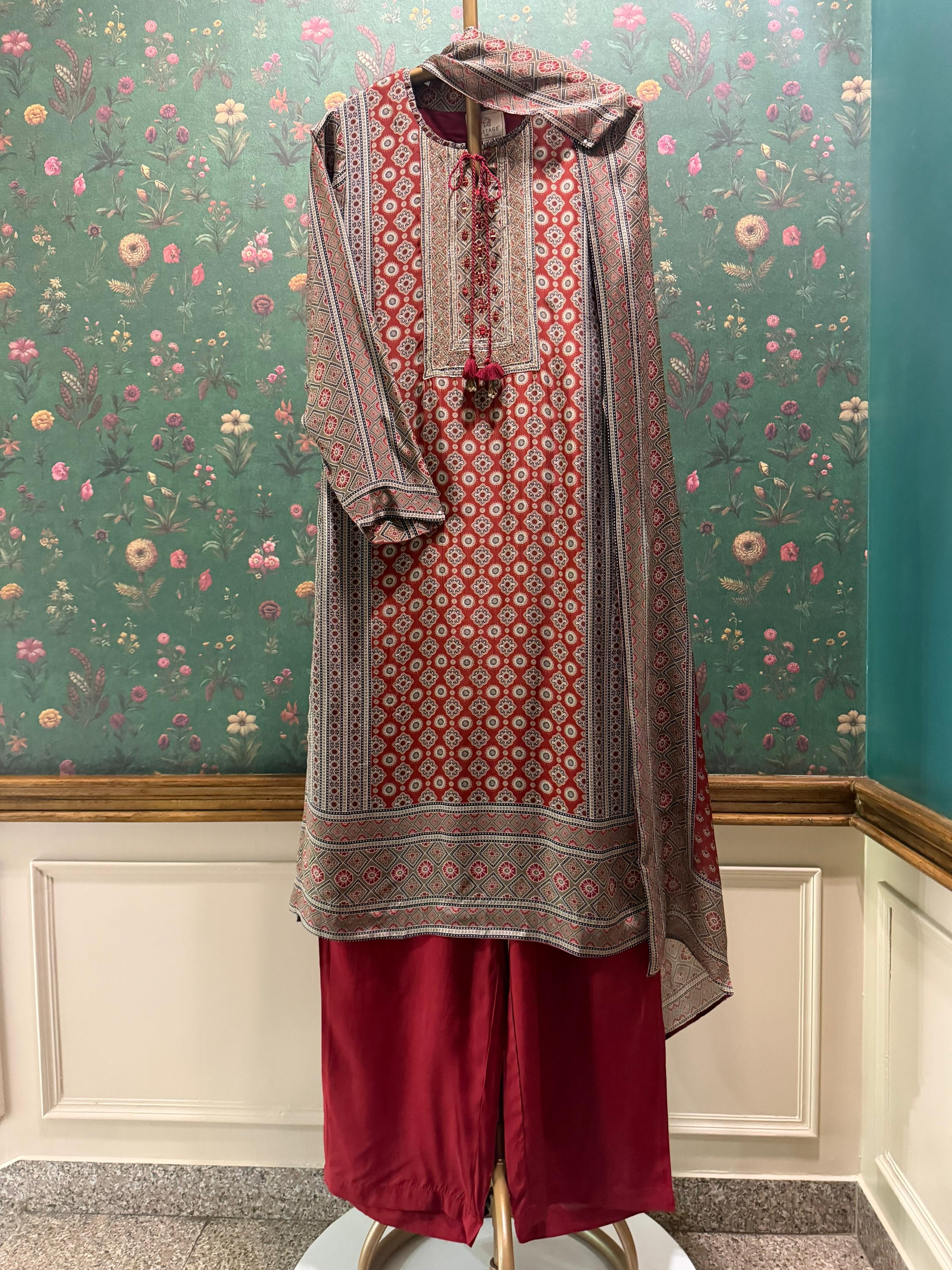 Rust Ajrakh Pure Crepe Suit Set | HER-634 x Navjeet Kaur