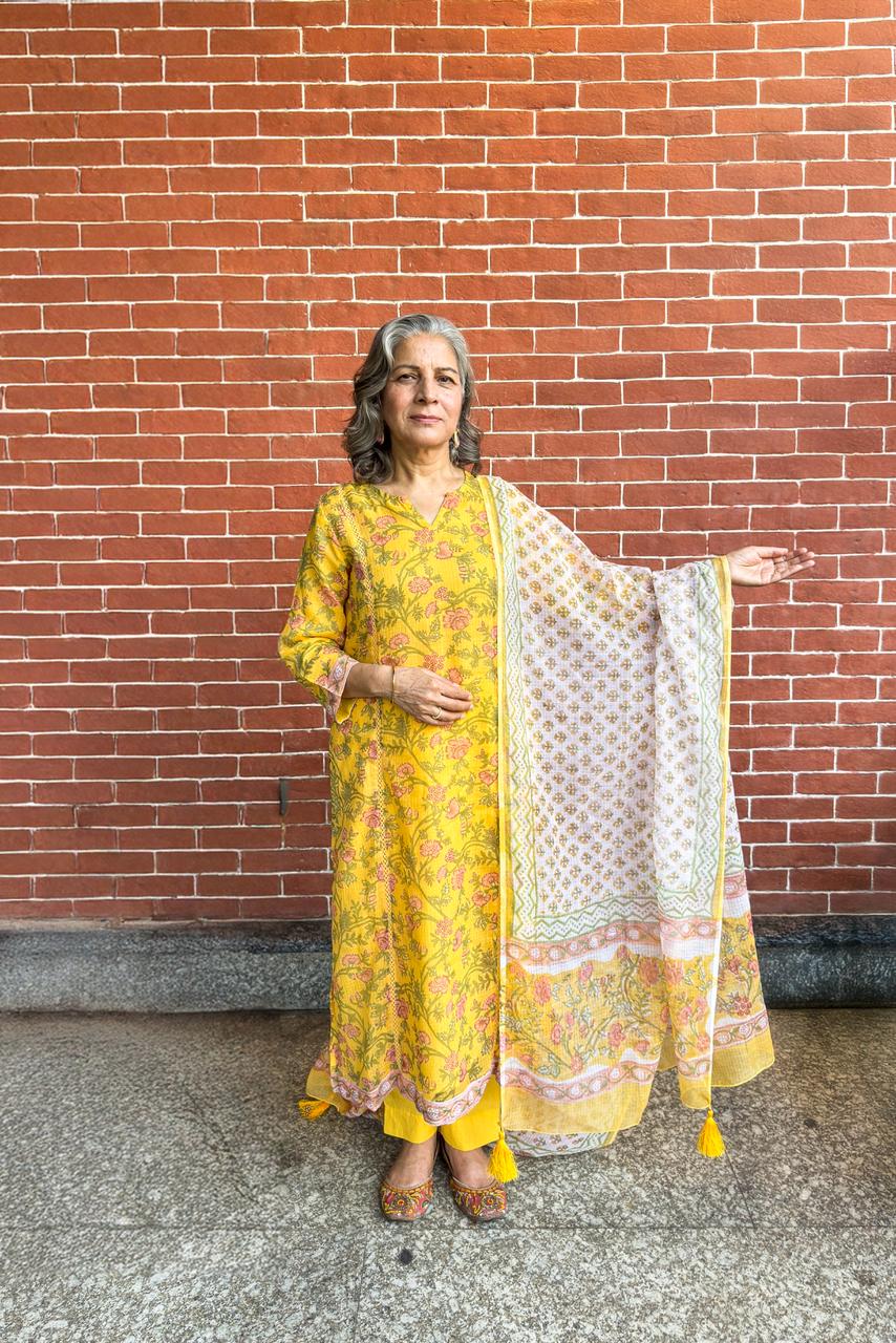Yellow Floral Printed Suit Set, with Kota Doria Dupatta | HER-756