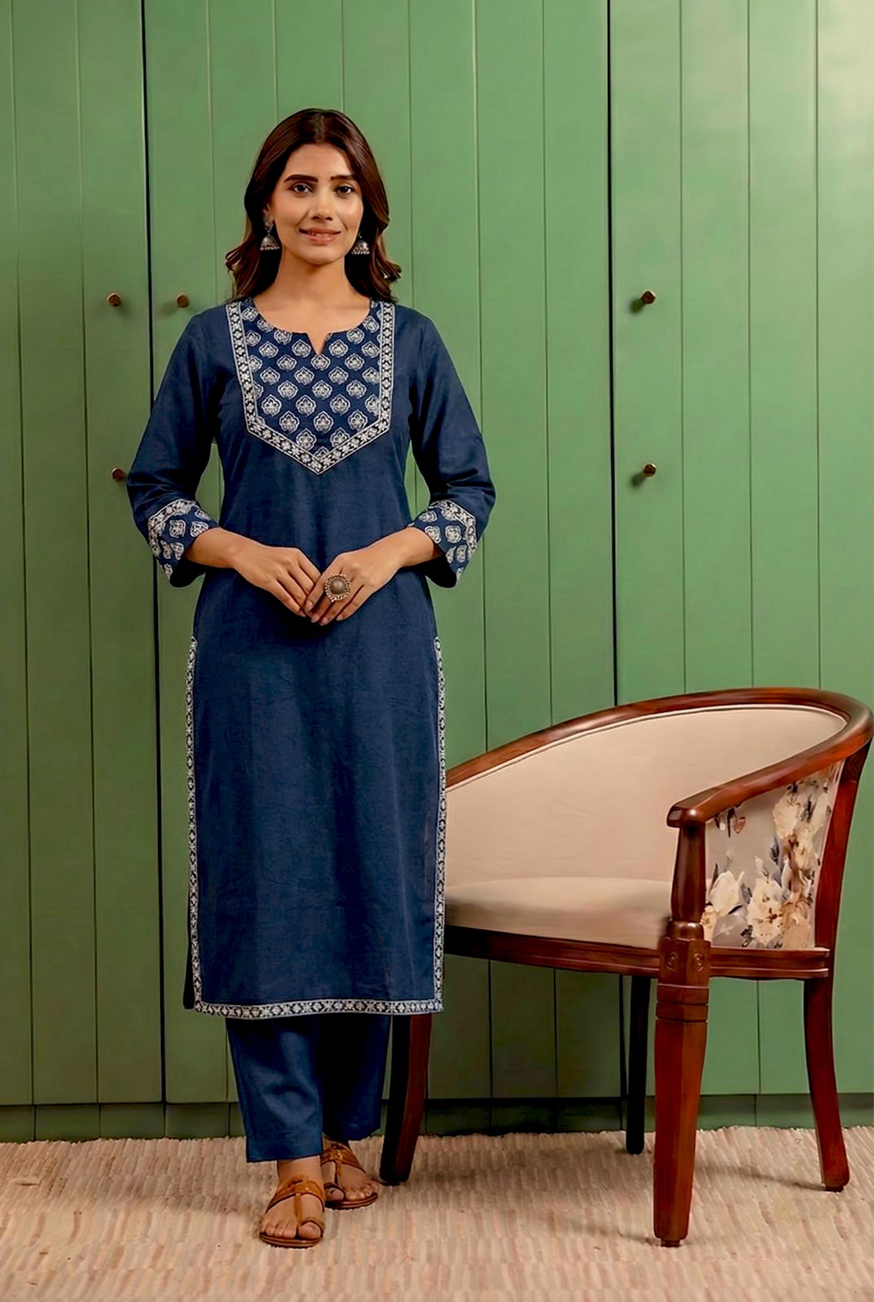 Blue Straight Fit Cotton Kurta Set | HER-491