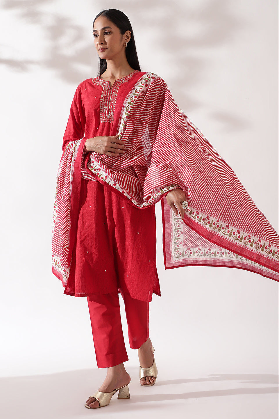 Red Cotton Suit Set, with Dori Work | HER-184